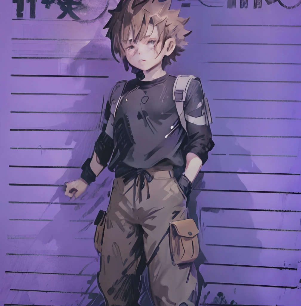 Personagem de anime, cabelo ondulado com franjinha curta castanho, bandaid nas bochechas, Black cover showing arms, light brown eyes and light brown cargo pants, olhar tranquilo, bandages on the arms, mao com aura de poder roxo, pele morena