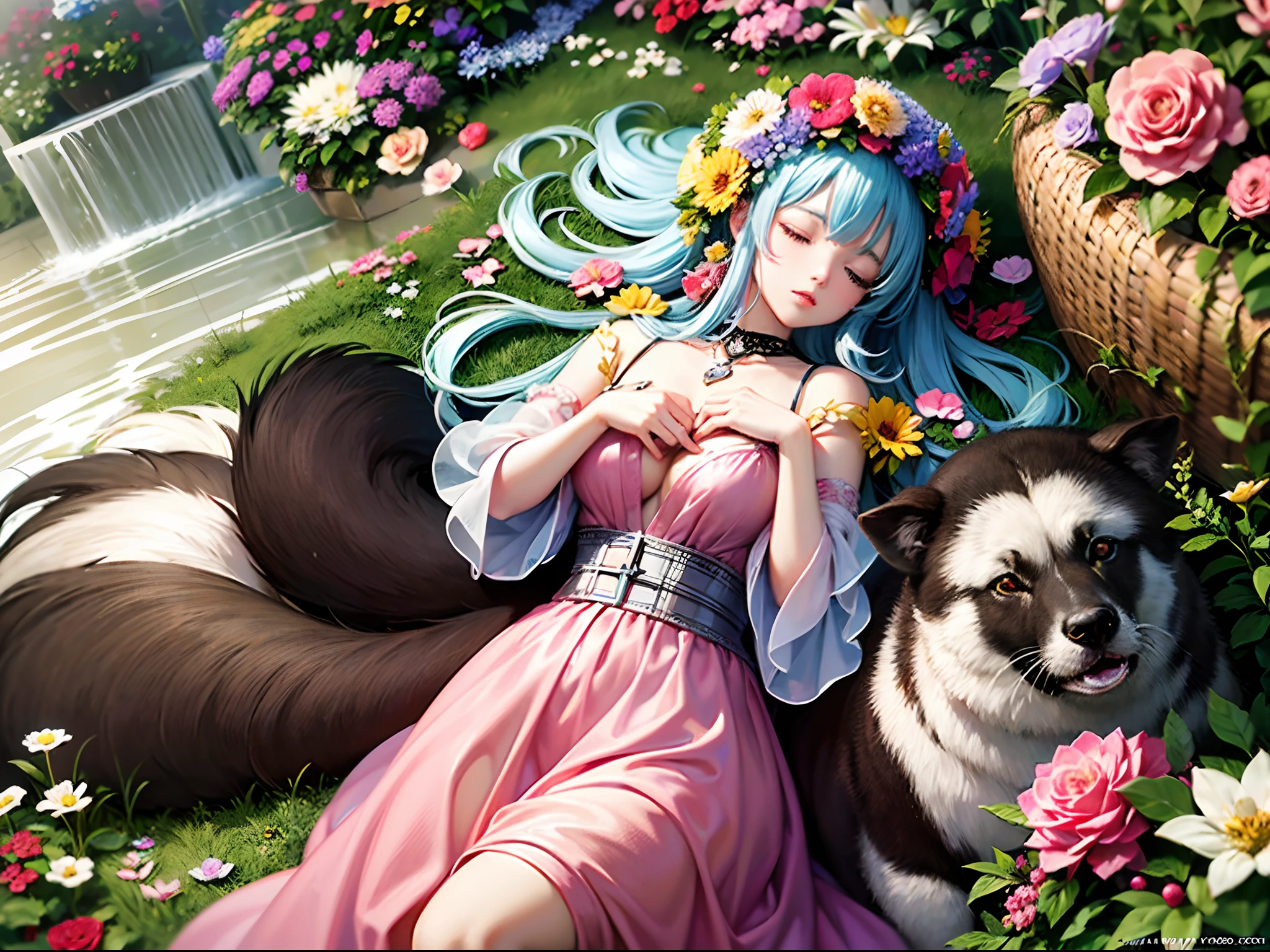 (Finest quality)),(超A high resolution),(ultra-detailliert),(Meticulous portrayal),((Best Anime)),(Finest works of art),Ultra-Precision Art,The art of astounding depiction, A large flower garden with detailed depiction:1.6, Sleeping Girl:1.5, Watching々Animals:1.3