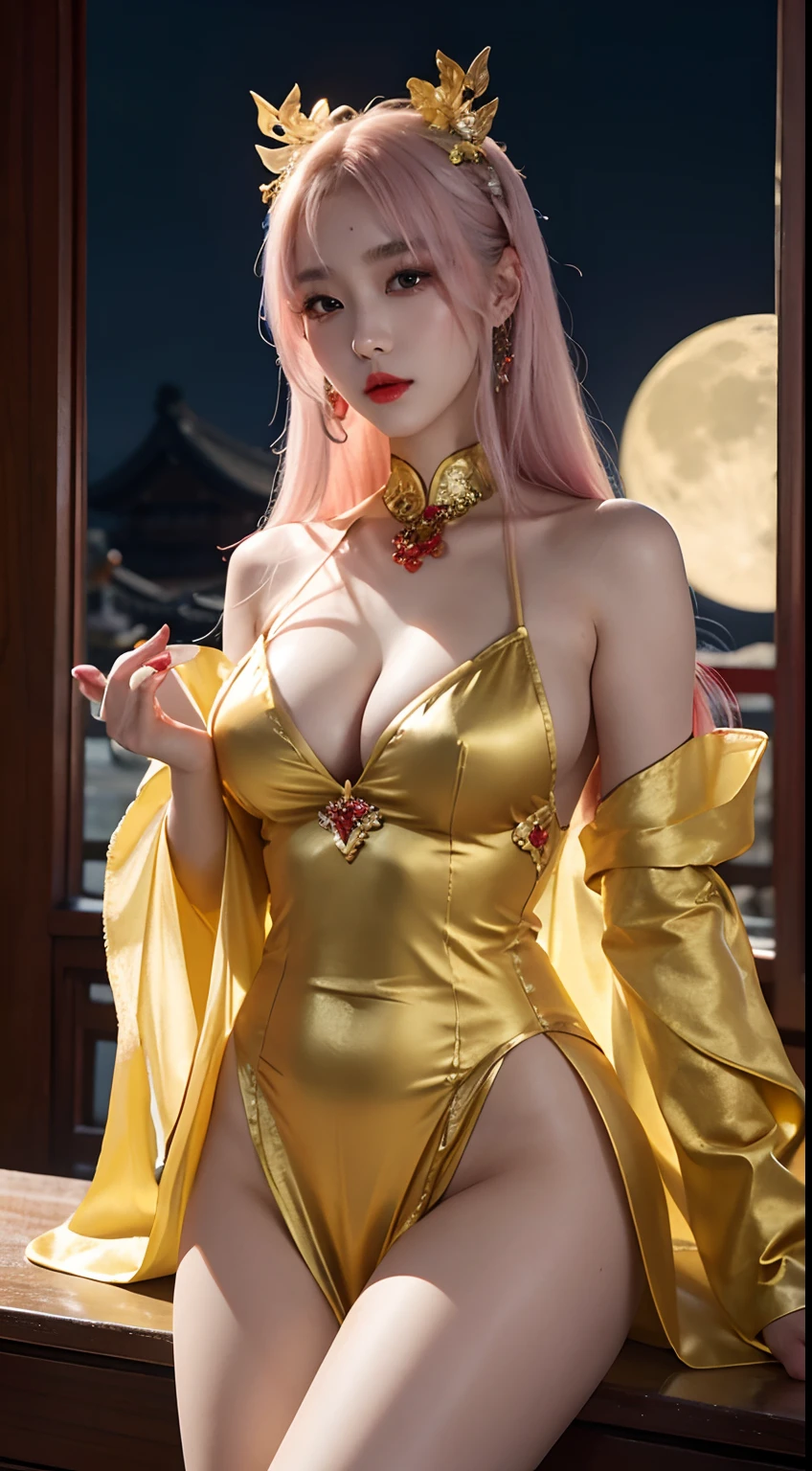 Detailed faces, Clear face, Beautiful Girl, Korean makeup, Red lips, Platinum hair, medium body, big breasts, thigh, Chinese fairy costume, Antique, sexy outfits,Yellow costume, Mid-Autumn Festival decoration, moon background mode.