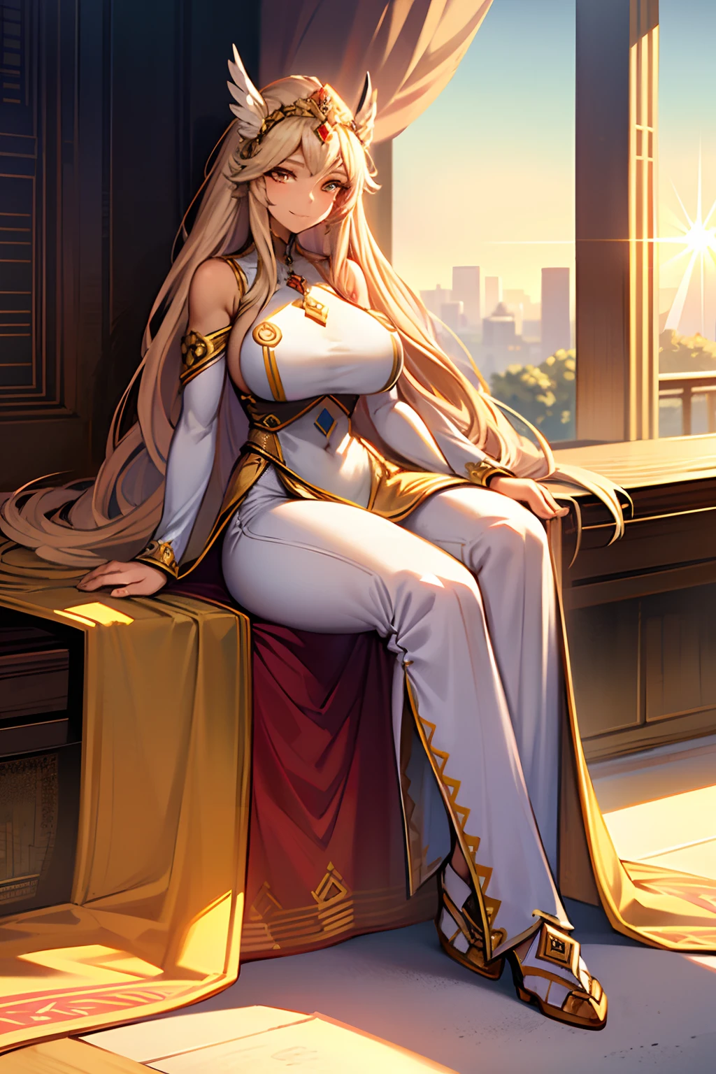 1girl, beautiful sun empress, detailed eyes, detailed face, mature face, athletic body, looking at viewers,full body, light smile,detailed skin,mature body, tall body,seductive body,medium big breast, soft motherly thigh, detailed clothes, she is the angel of the morning.