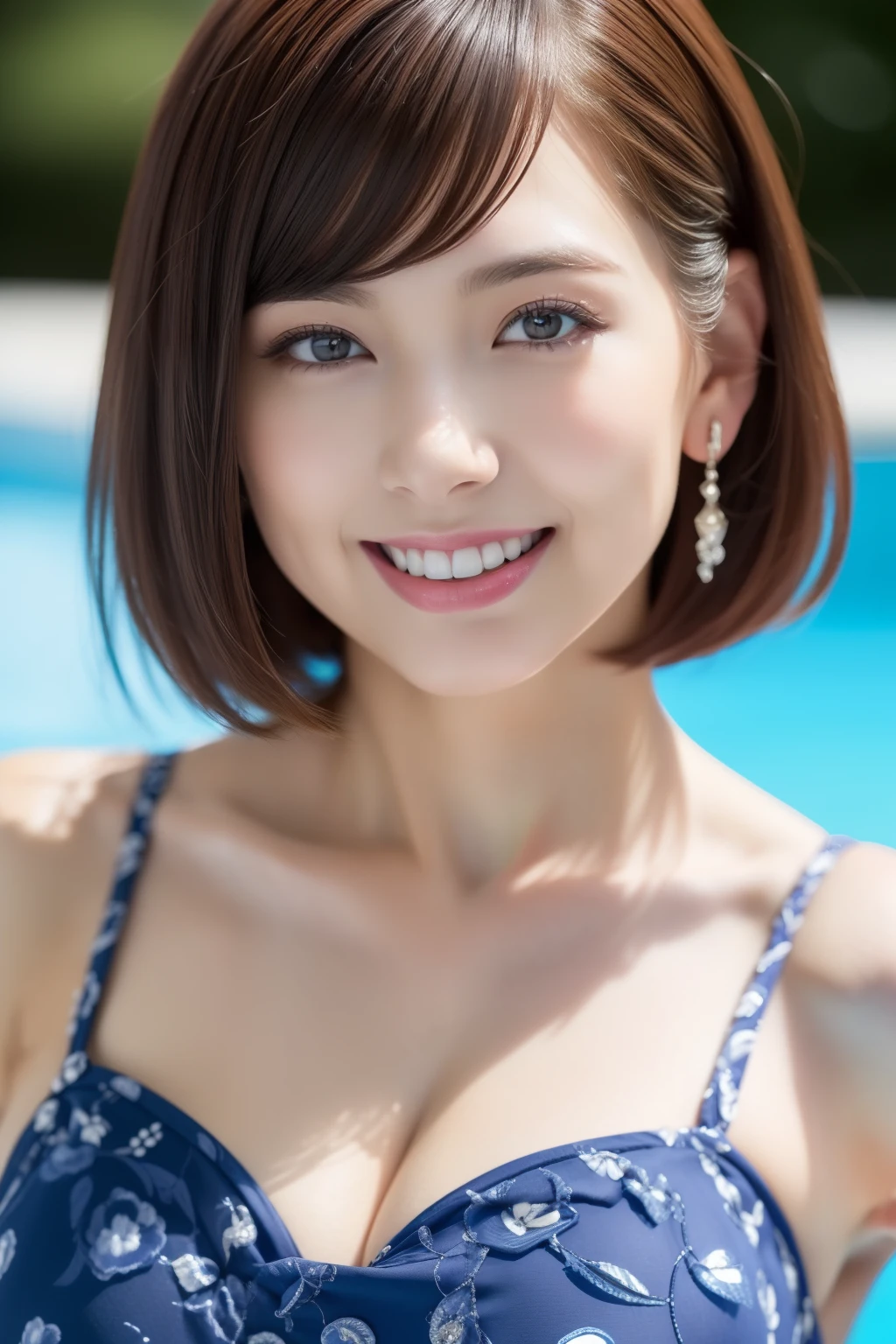 (best qualtiy，4K：1.3），hyper realisitic，(Colossal tits: 1.2),　Cheerful woman ，１Man Woman, short-hair、Bold poses,　A smile、 poolparty，Detailed eyes，二重まぶた，Sensual dress with low collar,hanging breasted,Super Detailed Face，Detailed lips