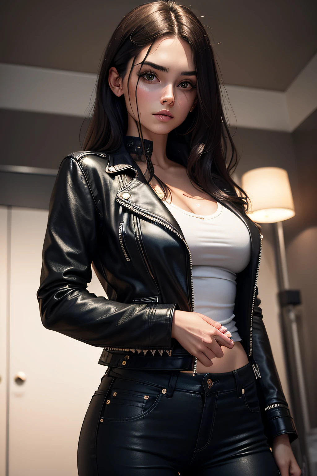 (Pictured from head to toe, Full body photo,front view:2.2),(black riders leather Jacket,knee high boots,very high gloss,brown leather pleated mini skirt, large breasts,cleavage, open clothes,Little Devil Smile, Sitting with Knees Up on sofa, spread legs,curvy thighs:1.5), (Flirtingly lifting her skirt to show her panties:1.3) ,nsfw, black medium straight hair, one girl, (a beauty girl, delicate girl:1.3), (:1.3), break, stained glass:1.2, break, very fine eyes, (symmetrical eyes:1.3), break,brown eyes, parted bangs,best smile, break, (eyes and faces with detailed:1.3), break, (masterpiece, best quality, ultra detailed, detailed face, 8k)