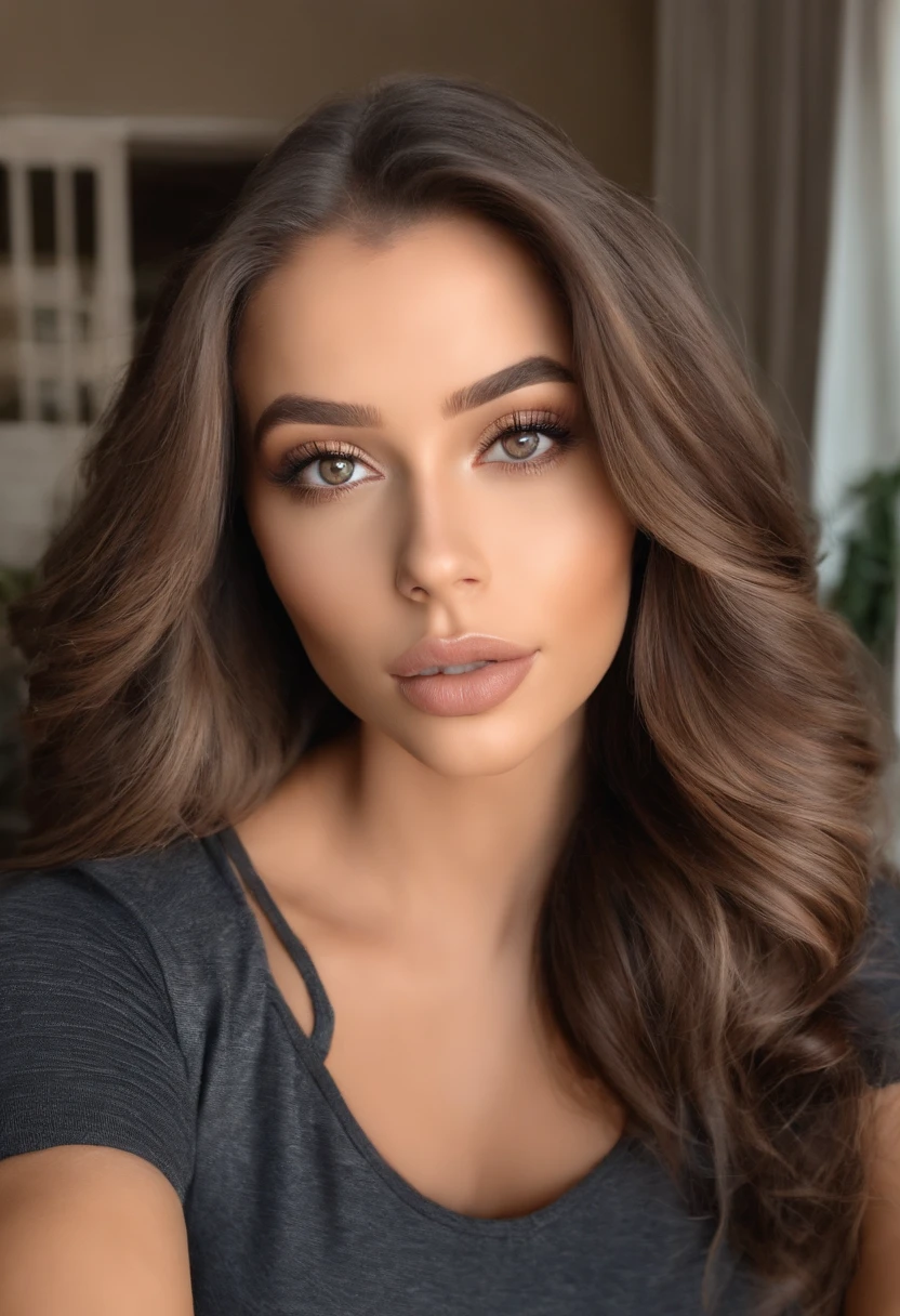 mulher arafed totalmente , com olhos castanhos, ultra realistic, meticulosamente detalhado, Retrato Sophie Mudd, cabelos castanhos e olhos grandes, selfie de uma jovem mulher, Olhos do quarto, Violeta Myers, sem maquiagem, maquiagem natural, Looking directly at the camera, Rosto com ArtGram, maquiagem sutil, impressionante tiro de corpo inteiro ajoelhado na cama, no quarto, medium to large bust masturbating