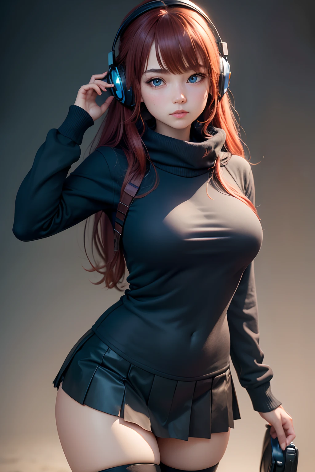 8k, masterpiece, best quality, realistic, higly detailed, cowboy shot, 1girl, solo, miku, emotionless looking girl, medium-length red hair, strands of hair hanging over the right side of her face, a set of wireless headphones that have a triangle-shaped logo on the ear cups around her neck, dark blue eyes, average height, well-endowed figure, large breasts, long-sleeved sweater that covers her school uniform, black tights, bangs cover her right eye, wears a ranzel