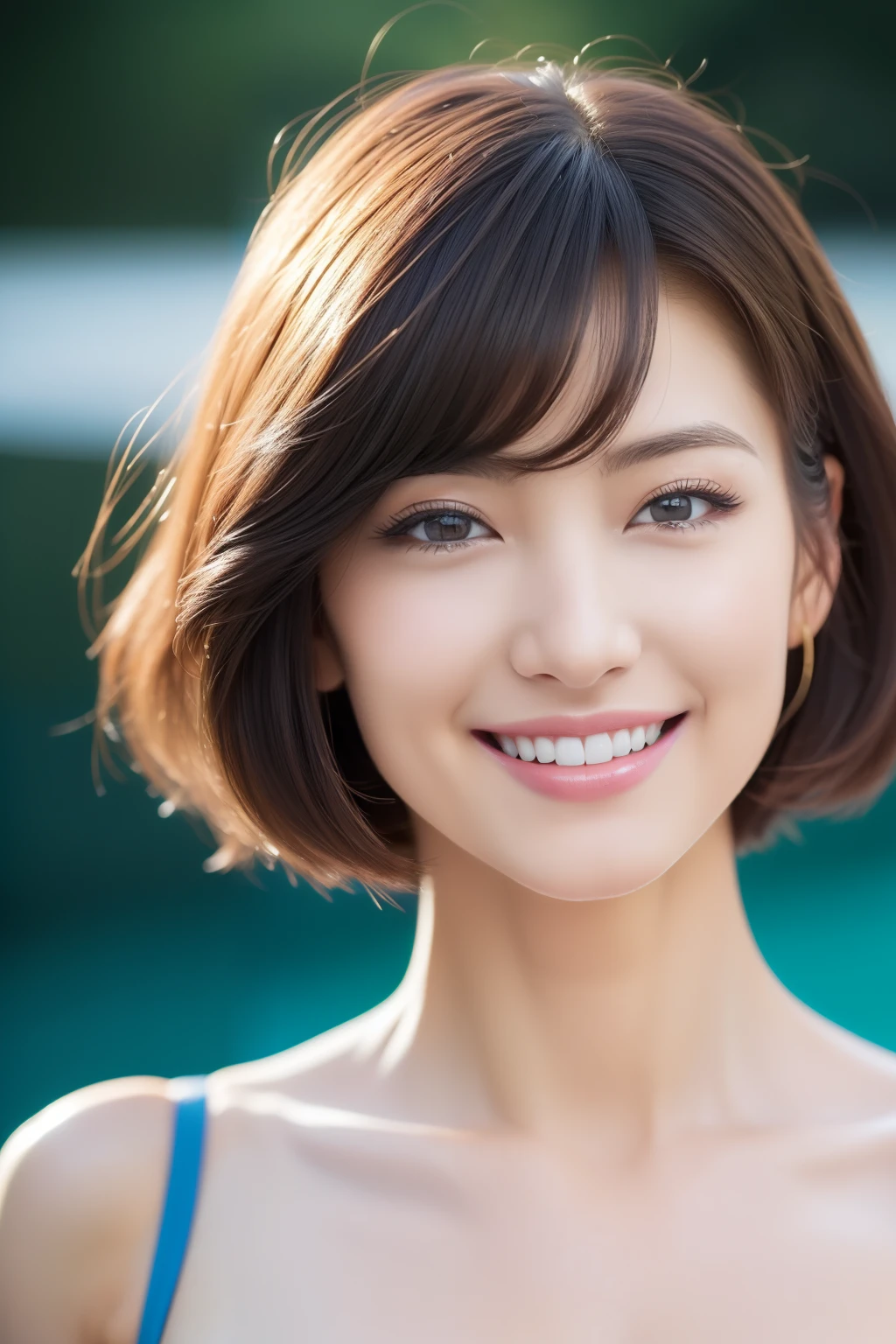(best qualtiy,4K:1.3),hyper realisitic,(Colossal tits: 1.2), Cheerful woman ,1Man Woman, short-hair、Bold poses, a smile、 poolparty,Detailed eyes,二重まぶた,Sensual dress with low collar,hanging breasted,Super Detailed Face,Detailed lips