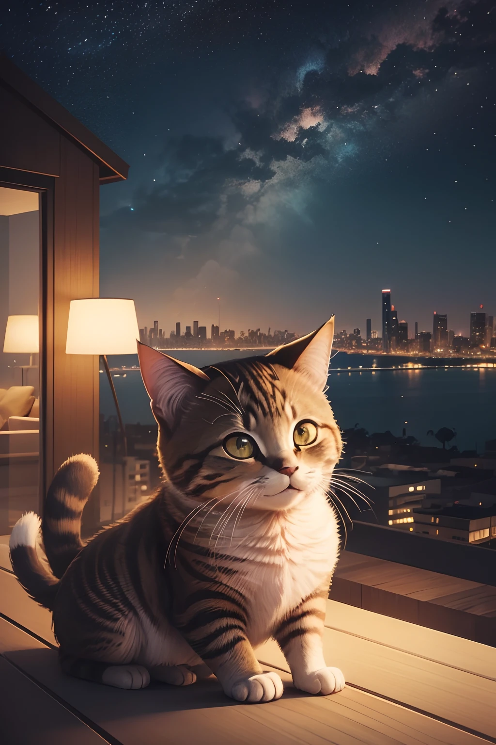 desenho simples cartoon de um gato detetive numa cidade de noite