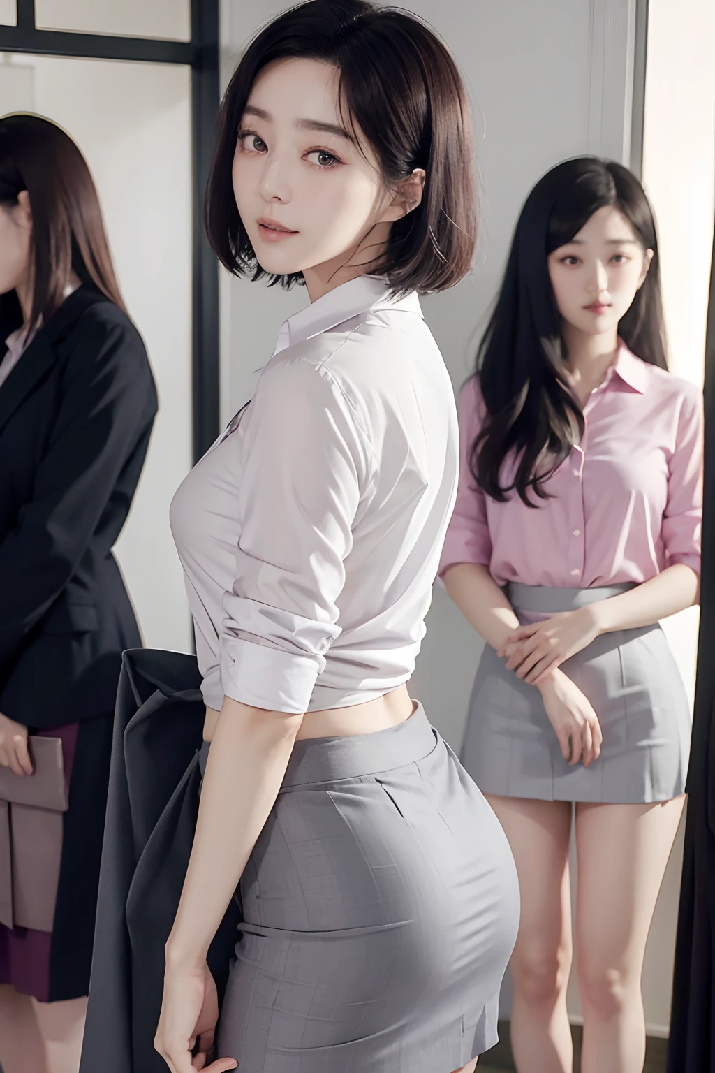 masutepiece, Best Quality, bob cuts、Five girls in the classroom,(5 people standing:1.2),Standing,20s, Looking at Viewer,l Group shot, harems,nffsw,Underwear,(pantiy),Realistic,OL pose,(Gray suit and pink shirt) ,(Gray tight skirt),(Looking back, ass grab:0.9),(Beautiful eyes:1.3),frombelow,From below,Kinney,(skinny:1.2) ,thick-eyed thighs, Long body, novel illustration,(Smelly eyes:0.5),closed curtains,(shirts lift,lifted by self:1.5) ,Dark Persona.Skirt lift front,(Panties:1.3),