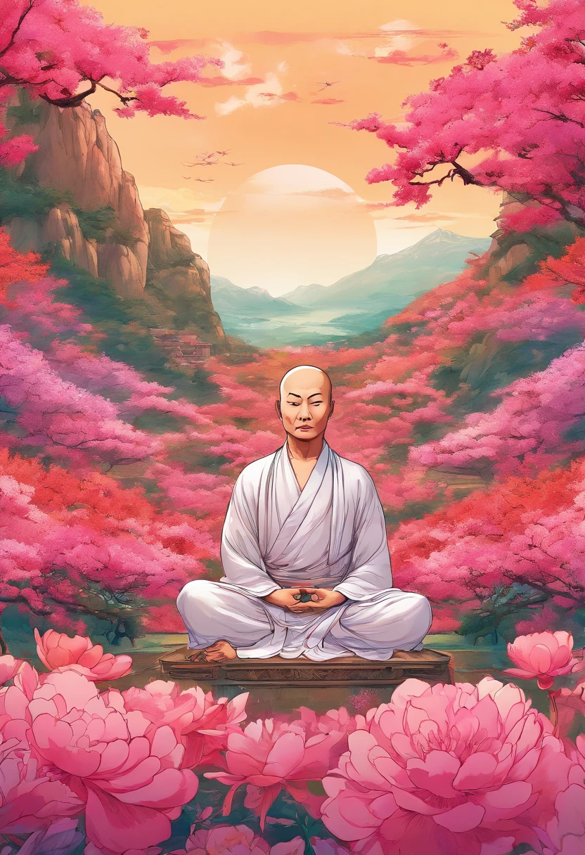 Field with beautiful flowers (close-up cleavage), meditate, Zazen, A meditative (Chinese landscape painting), (ink and watercolor painting), (8k wallpaper), (Light and Shadow Effect), rendering by octane, White balance design, Extremely detailed image representation, Wide angles, depth of fields, masterpiece, realistic, beautifully portrayed, a detailed, accurate, Masterpieces, masterpiece”