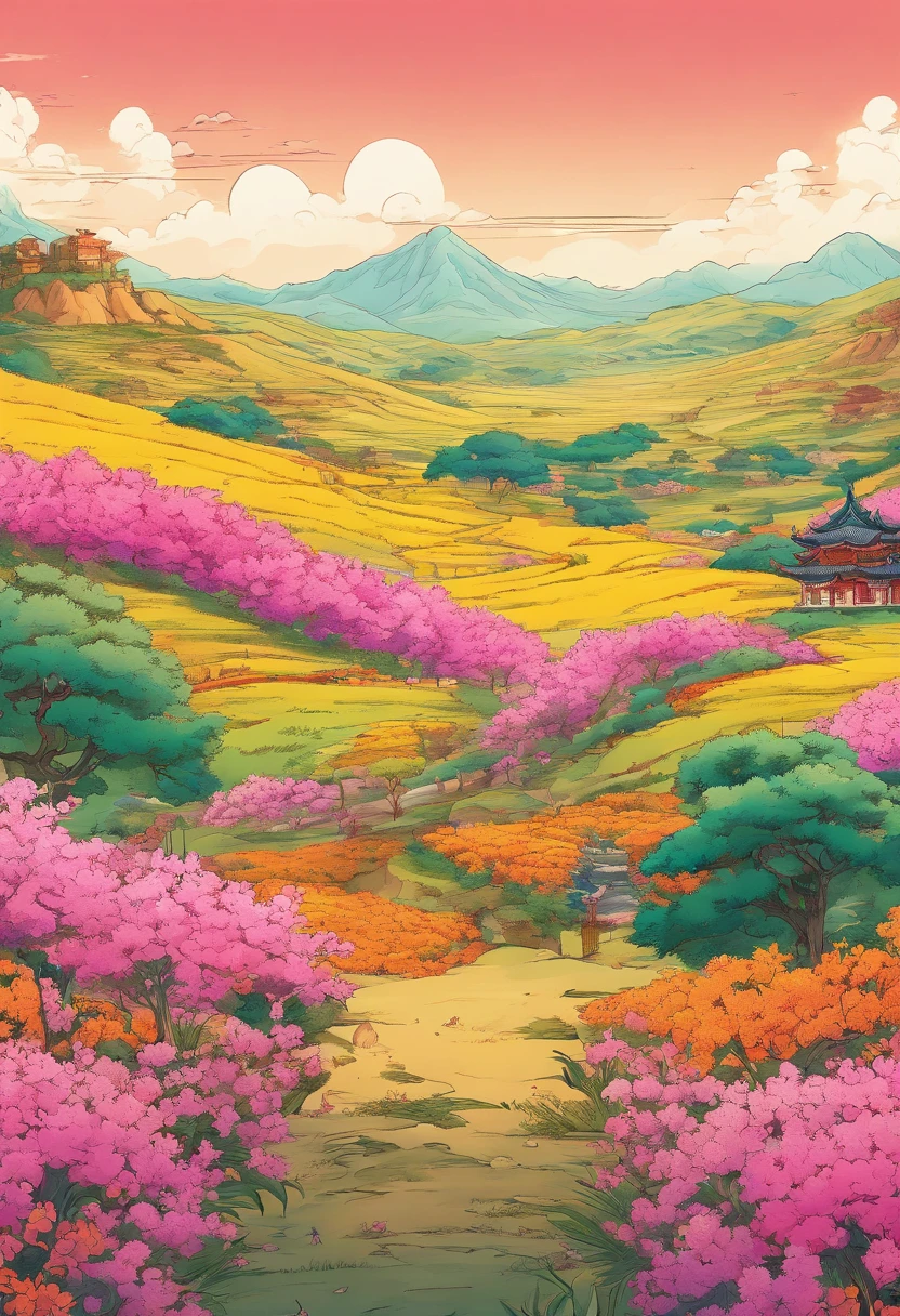 Field with beautiful flowers (close-up cleavage), meditate, Zazen, A meditative (Chinese landscape painting), (ink and watercolor painting), (8k wallpaper), (Light and Shadow Effect), rendering by octane, White balance design, Extremely detailed image representation, Wide angles, depth of fields, masterpiece, realistic, beautifully portrayed, a detailed, accurate, Masterpieces, masterpiece”