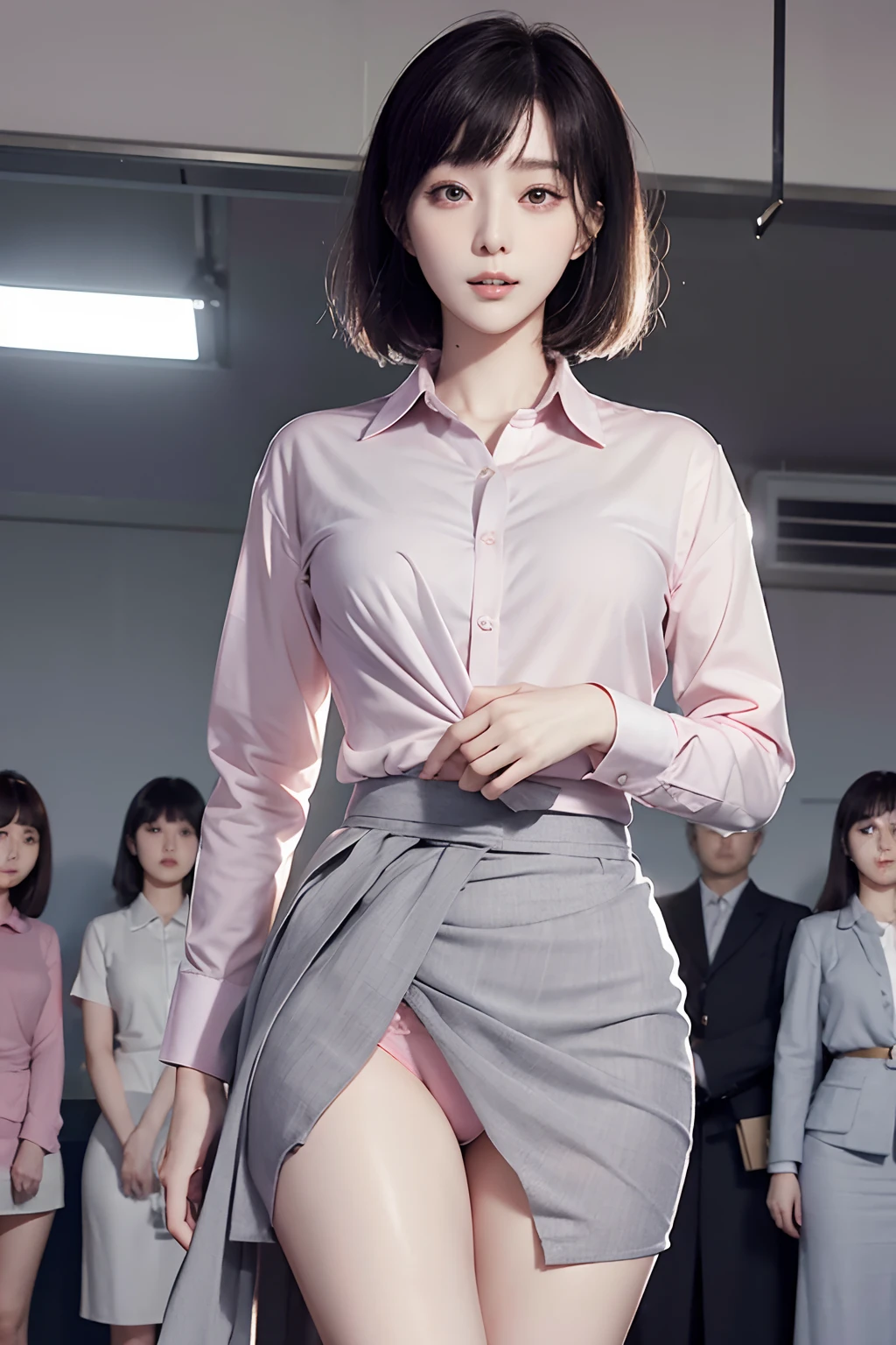 masutepiece, Best Quality, bob cuts、Five girls in the classroom,(5 people standing:1.2),Standing,20s, Looking at Viewer,l Group shot, harems,nffsw,Underwear,(pantiy),Realistic,OL pose,(Gray suit and pink shirt) ,(Gray tight skirt),(Looking back, ass grab:0.9),(Beautiful eyes:1.3),frombelow,From below,Kinney,(skinny:1.2) ,thick-eyed thighs, Long body, novel illustration,(Smelly eyes:0.5),closed curtains,(shirts lift,lifted by self:1.5) ,Dark Persona.Skirt lift front,(Panties:1.3),