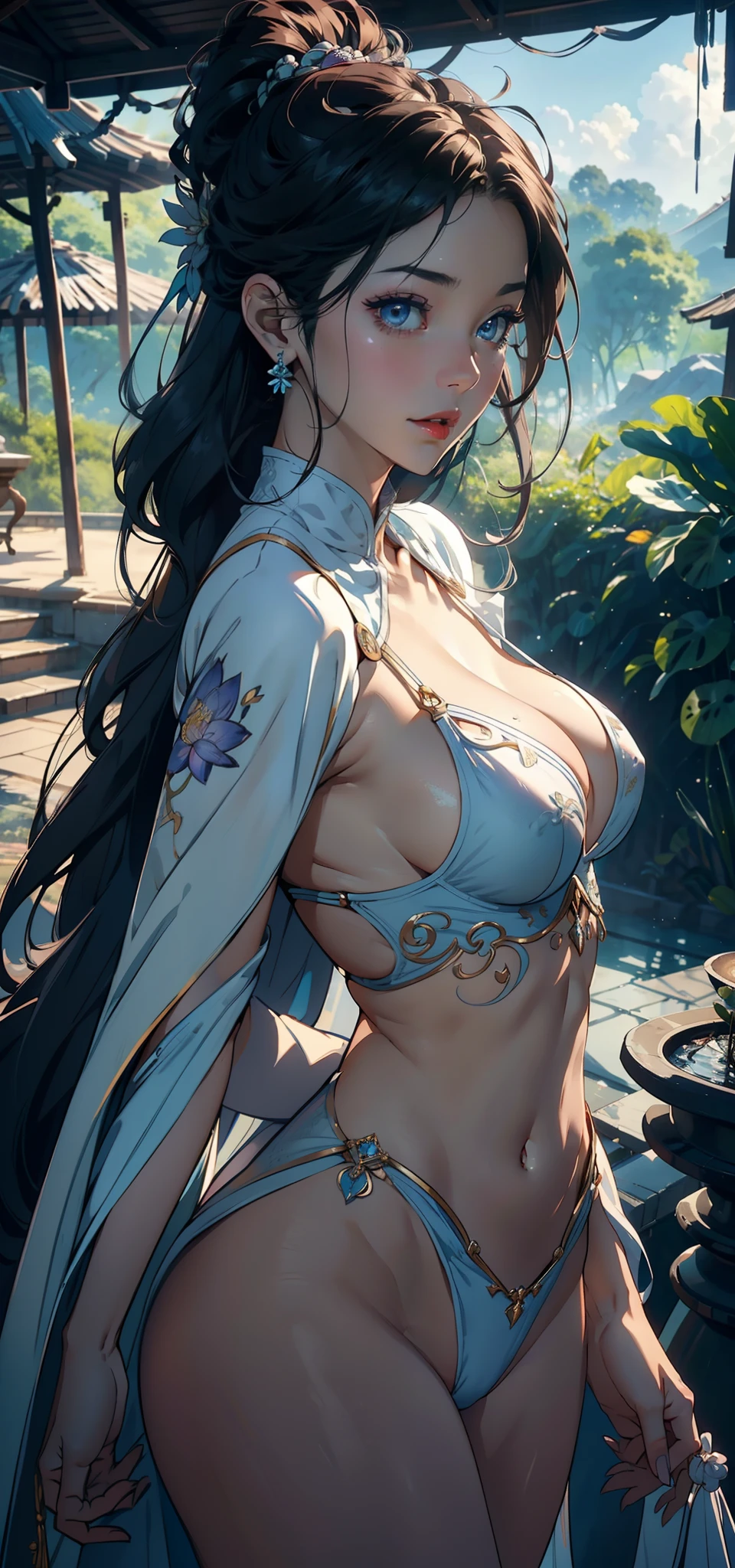 1female，41 years old，熟妇，mature，plumw，extremely large bosom ，Pornographic exposure， 独奏，（Background with：the rainforest，lotus flower，stunning view，with blue sky and white clouds） Keep hair short，Walk underwater，seen from the front， hair straight， mostly cloudy sky，（（（tmasterpiece），（Very detailed CG unity 8K wallpaper），best qualtiy，cinmatic lighting，detailed back ground，beatiful detailed eyes，Bright pupils，Redlip（Very fine and beautiful），（Beautiful and detailed eye description），ultra - detailed，tmasterpiece，）），facing at camera，A high resolution，ultra - detailed），revealing breasts，Bare genitalia，  Bulge，legs are open，Raised sexy，Camel toes，Flushed complexion，Open-mouthed，frontage，Polish wing cavalry，（Wearing：，Armour，Bare lower body，Bare breasts，Bare ，Blue and white color scheme，）