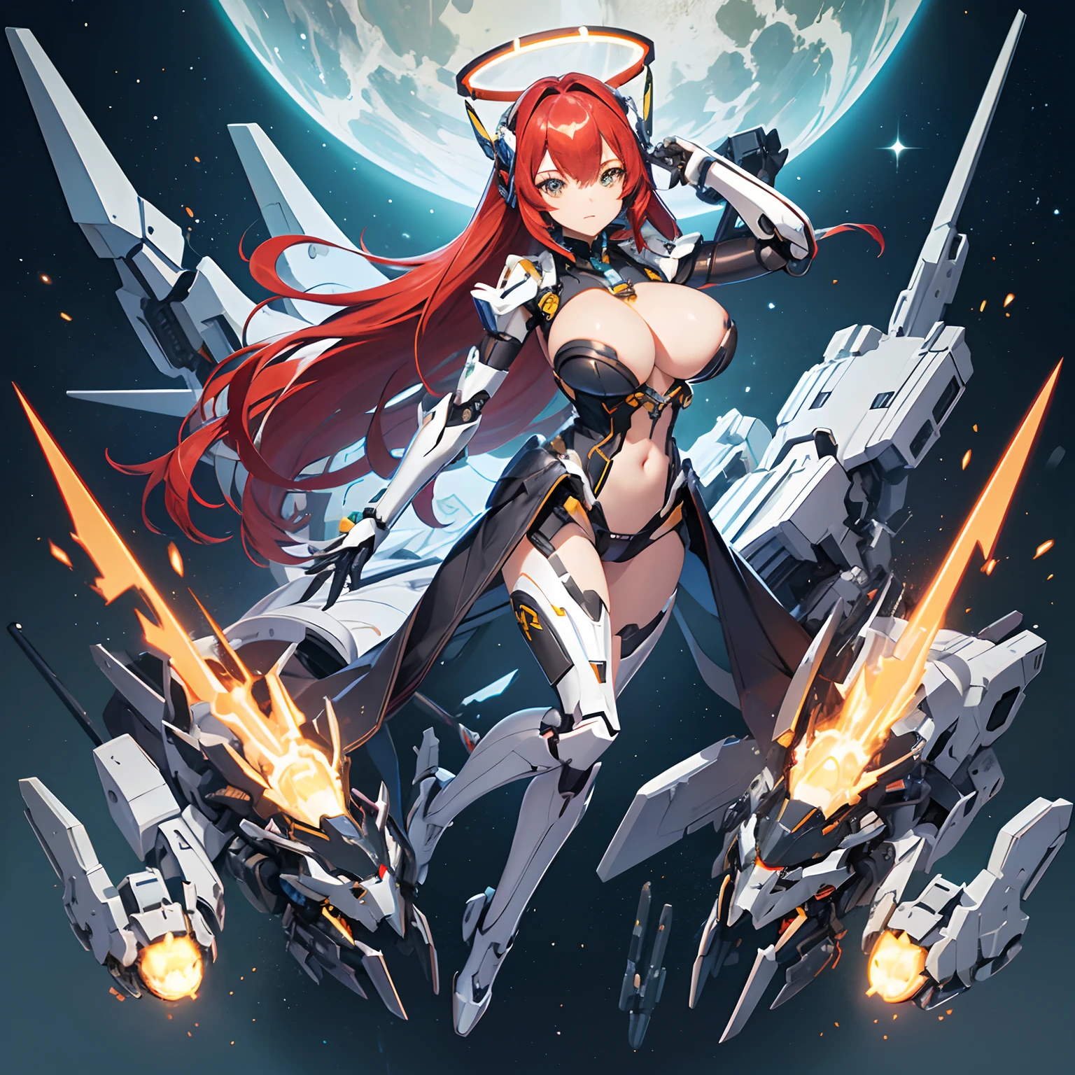 solo, alone, mecha musume, mechanical parts, robot joints, single mechanical arm, headgear, mechanical halo, star halo, intricate mechanical bodysuit, mecha corset, full body, hair between eyes, glowing eye, eye trail, pond, starry sky, skyline ((gigantic boobs)) ((bare belly)) ((mecha lingerie)) ((red hair))
