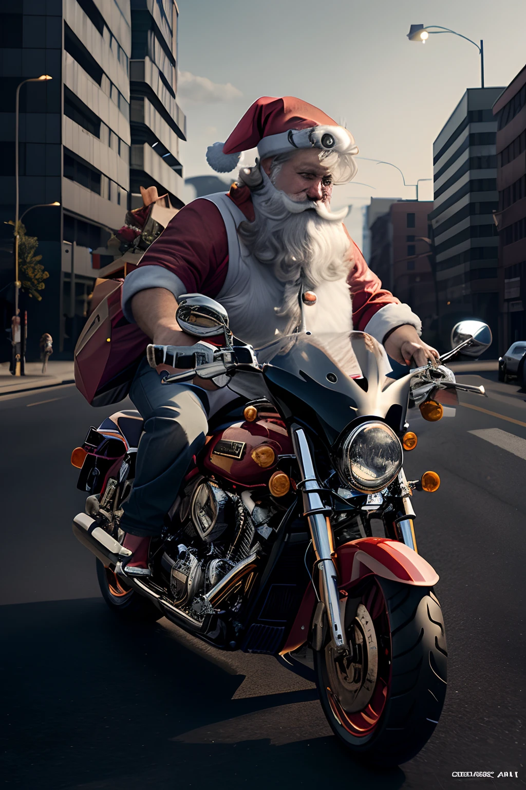 santa claus riding a motorcycle down the street on a sunny day, santa claus, santa clause, by Joze Ciuha, hyper realistic, digital art. photo realistic, a hyper realistic, photo realistic, photo hyper realistic, hyper realistic photo, hyper-realistic, hyper - realistic, hyper realistic digital art, very hyper realistic, hyper-realistic photography, amazing photorealistic graphics