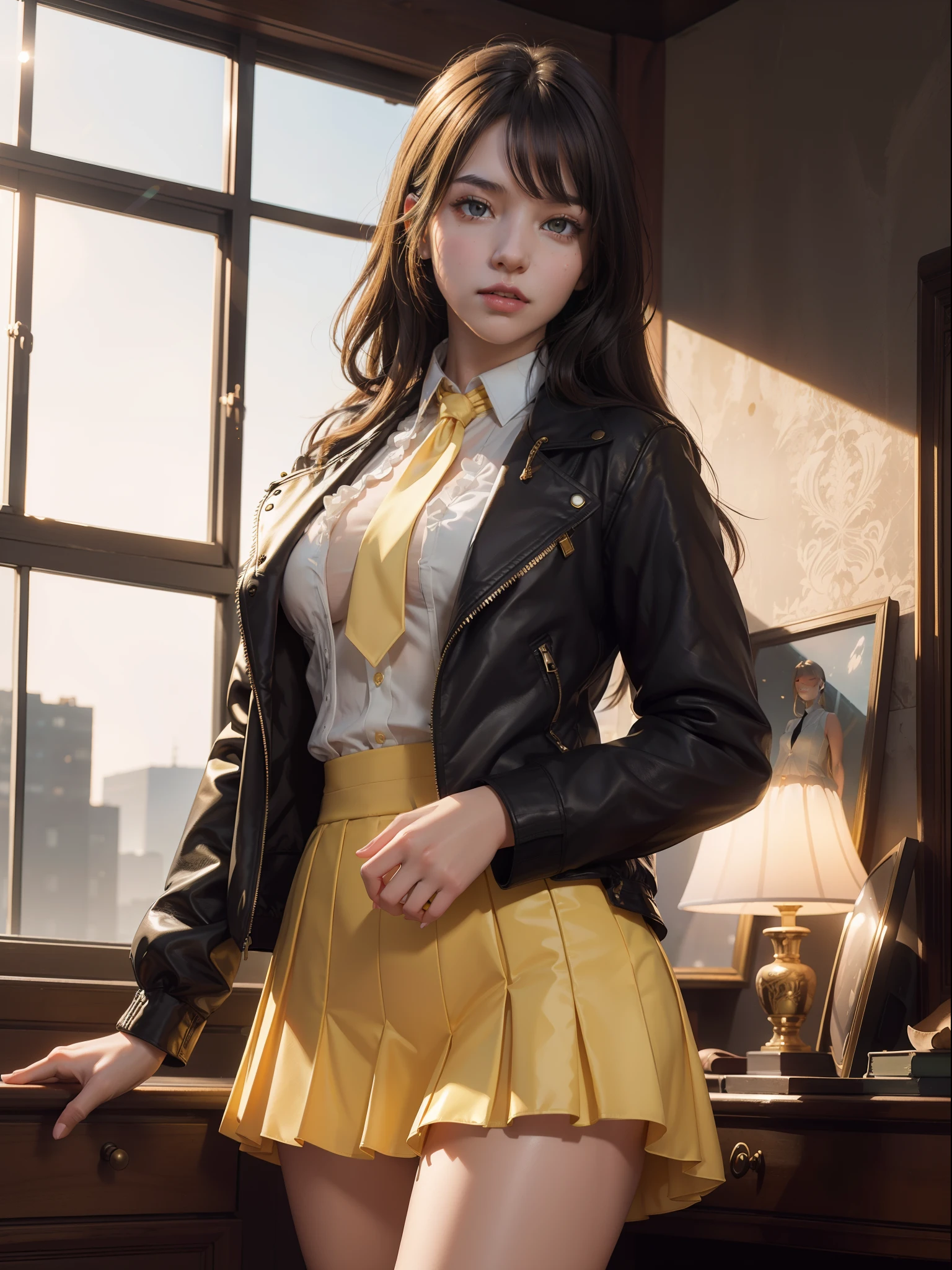 ((nsfw)),((big breasts:1),1girl, intricate detail, masterpiece, best quality, extremly detailed,cinematic lighting, beautiful detailed glow, finely detailed beautiful face and eyes, 8k, dark intense shadows, yellow eyes, medium hair, black hair, bangs, floating hair, black jacket, open jacket, white shirt, expressionless, yellow necktie, black skirt, spotlight, sunshine, sunrise, gradient sky, city, lens flare, cowboy shot, [[curvy]], [mature female]