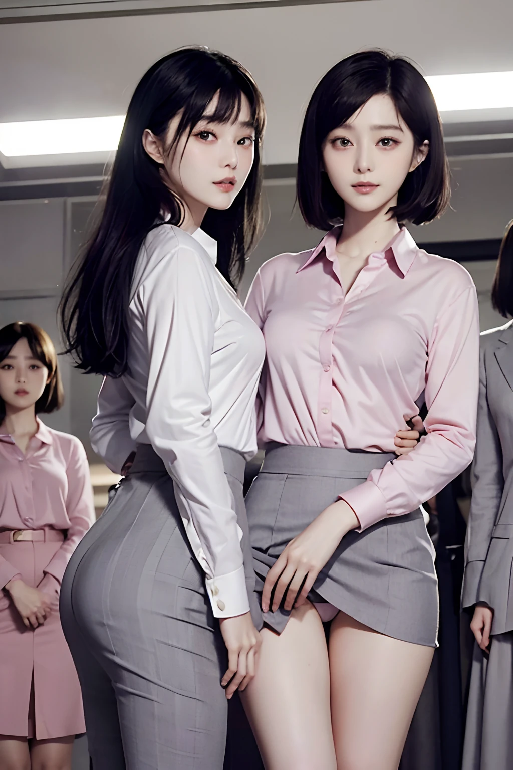 masutepiece, Best Quality, bob cuts、Five girls in the classroom,(5 people standing:1.2),Standing,20s, Looking at Viewer,l Group shot, harems,nffsw,Underwear,(pantiy),Realistic,OL pose,(Gray suit and pink shirt) ,(Gray tight skirt),(Looking back, ass grab:0.9),(Beautiful eyes:1.3),frombelow,From below,Kinney,(skinny:1.2) ,thick-eyed thighs, Long body, novel illustration,(Smelly eyes:0.5),closed curtains,(shirts lift,lifted by self:1.5) ,Dark Persona.Skirt lift front,(Panties:1.3),