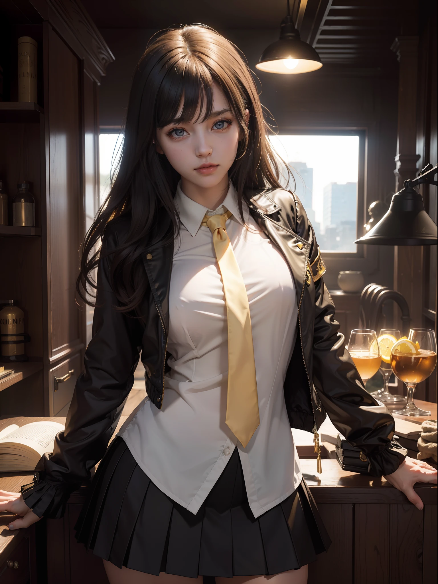 ((nsfw)),1girl, intricate detail, masterpiece, best quality, extremly detailed,cinematic lighting, beautiful detailed glow, finely detailed beautiful face and eyes, 8k, dark intense shadows, yellow eyes, medium hair, black hair, bangs, floating hair, black jacket, open jacket, white shirt, expressionless, yellow necktie, black skirt, spotlight, sunshine, sunrise, gradient sky, city, lens flare, cowboy shot, [[curvy]], [mature female]