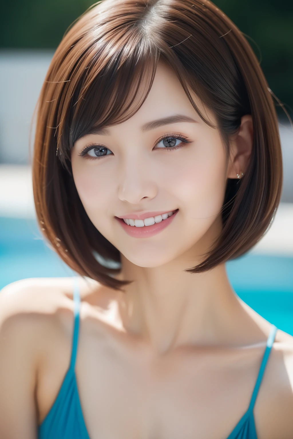 (best qualtiy，4K：1.3），hyper realisitic，(Colossal tits: 1.2),　Cheerful woman ，１Man Woman, short-hair、sitting on,　A refreshing smile、 poolparty，Detailed eyes，二重まぶた，Sensual dress with low collar,hanging breasted,Super Detailed Face，Detailed lips