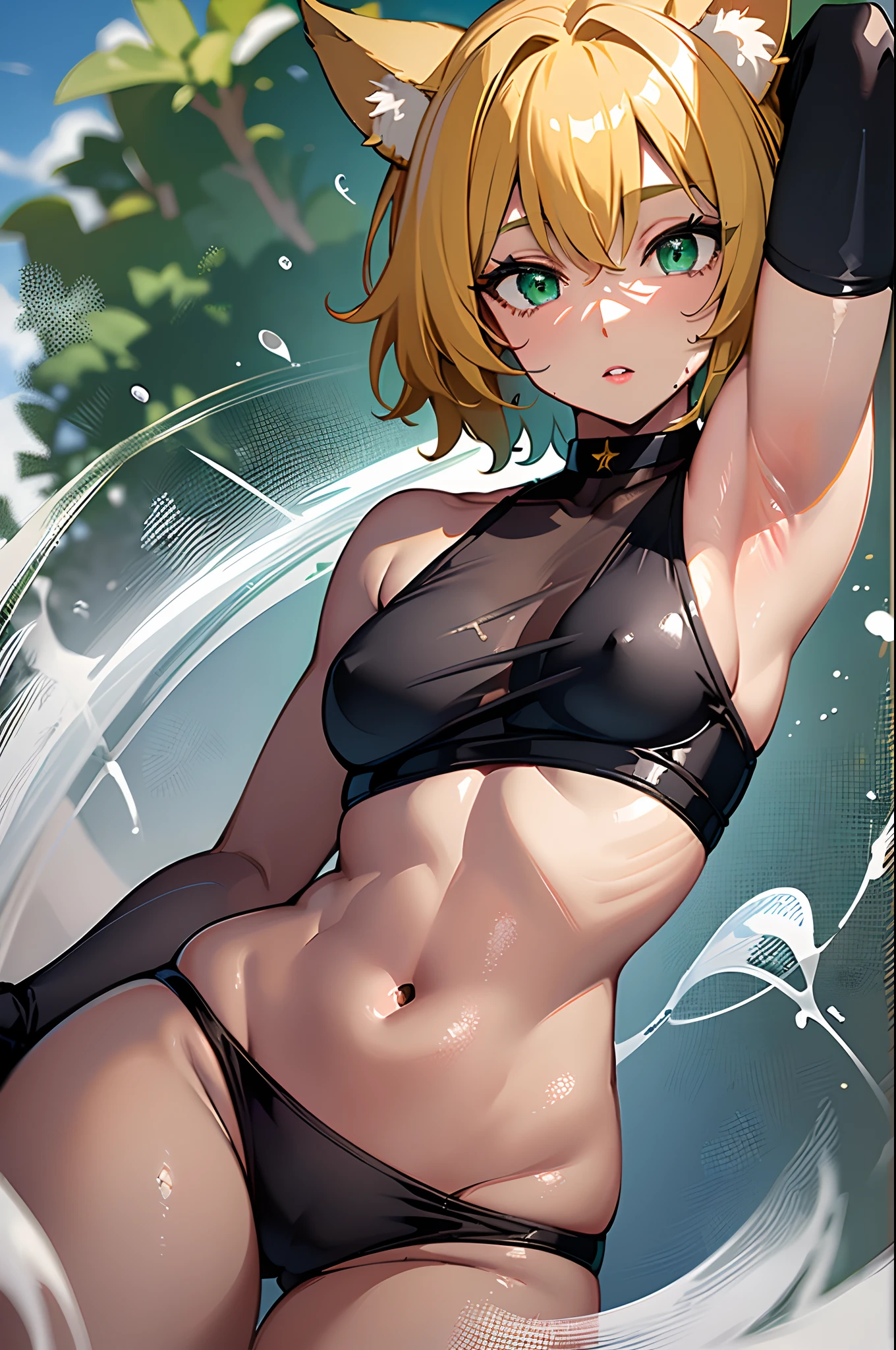 (Perfect Anatomy: 1.5), shiny yellow hair, wet thick lips, small face, (tan: 0.6), shiny smooth skin, (big: 1.2), shiny black bikini, beautiful armpits, armpit, highest resolution, UHD, 8K, animal ears, dynamic pose, green eyes, neckband, foreshortening, short hair,