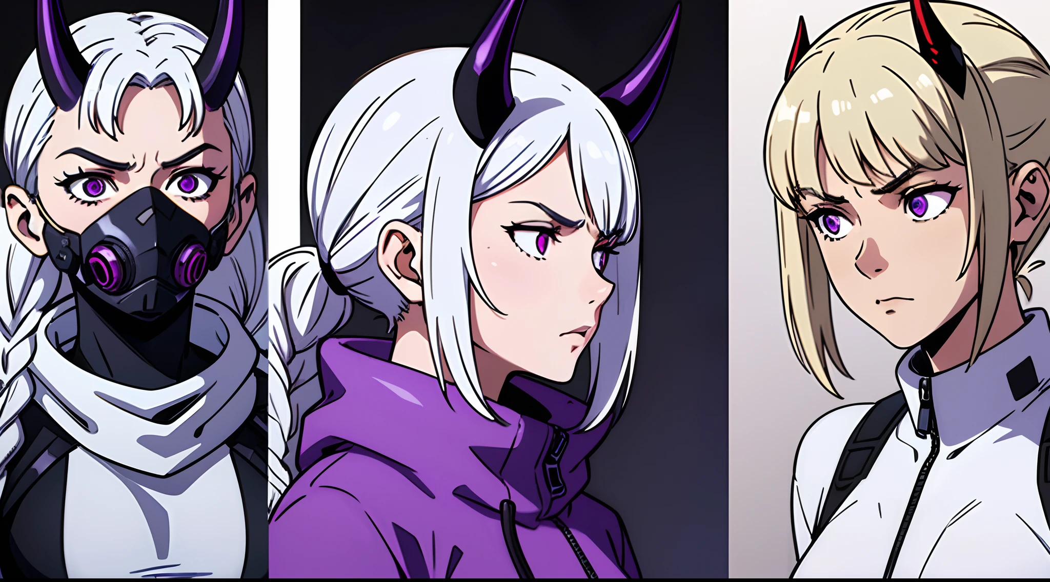 (Masterpiece, best quality), detailed, character sheet, many items (the same person, black demon horns, hazmat suit, biohazard suit, many parts), detailed purple eyes, detailed face, Serious face, different expressions, small boobs, B cup, white hair and white skin, braided ponytail, full of details.