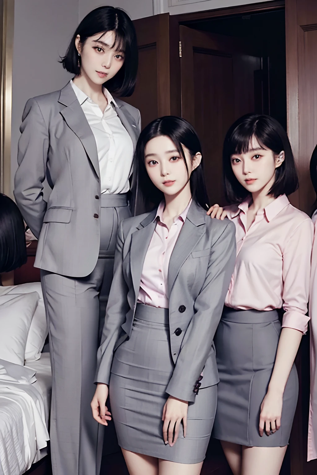 masutepiece, Best Quality, bob cuts、Five girls in the classroom,(5 people standing:1.2),Standing,20s, Looking at Viewer,l Group shot, harems,nffsw,Underwear,(pantiy),Realistic,OL pose,(Gray suit and pink shirt) ,(Gray tight skirt),(Looking back, ass grab:0.9),(Beautiful eyes:1.3),frombelow,From below,Kinney,(skinny:1.2) ,thick-eyed thighs, Long body, novel illustration,(Smelly eyes:0.5),closed curtains,(shirts lift,lifted by self:1.5) ,Dark Persona.Skirt lift front,(Panties:1.3),