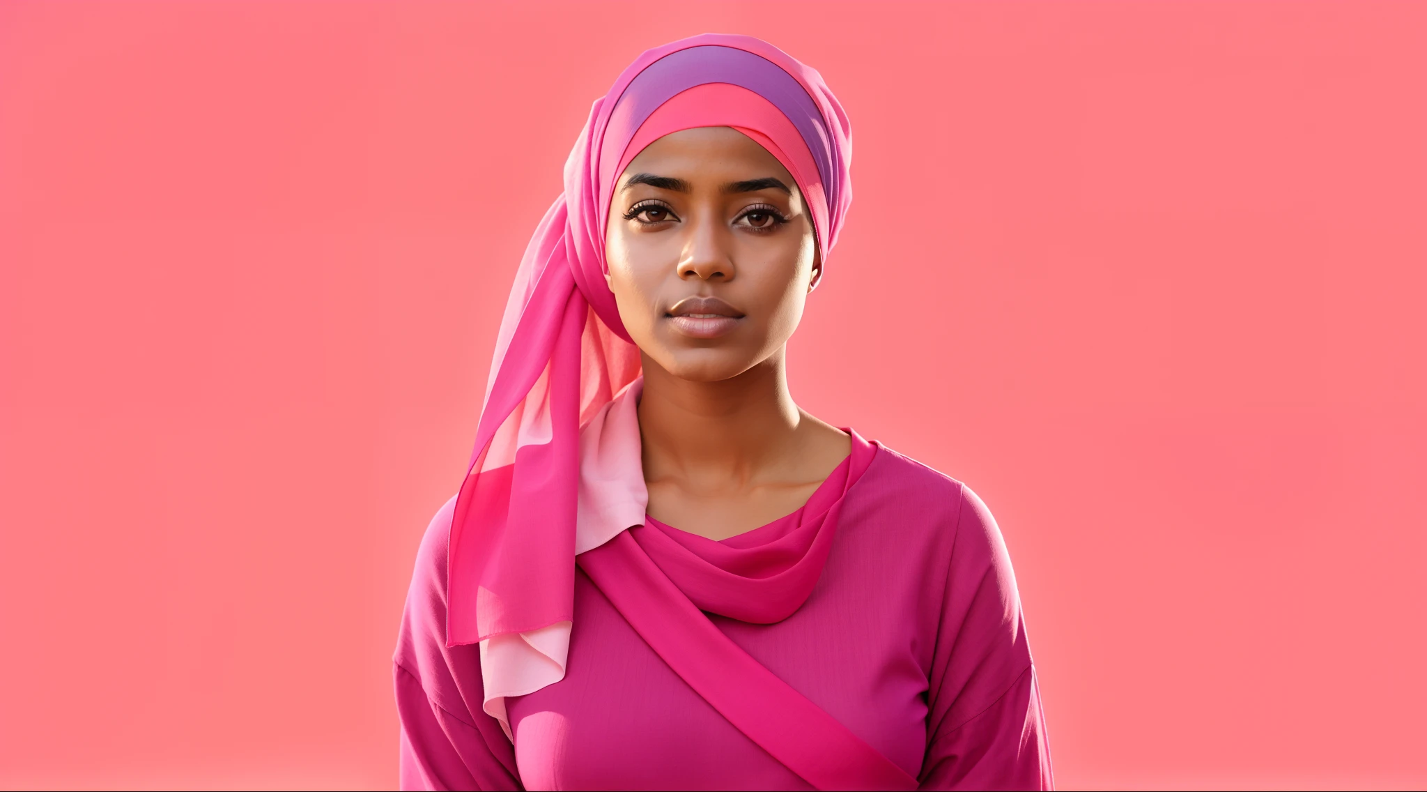 Arafed woman in a pink shirt and a pink scarf, wearing a pink head band, wearing a headscarf, turbante, Muslim, head scarf, usando um turbantete, young middle eastern woman, cloth head wrap, Hijab, beautiful female, Diferente, Foto de uma mulher, rosa vibrante, mixed race woman, Aida Muluneh, Faridah Malik