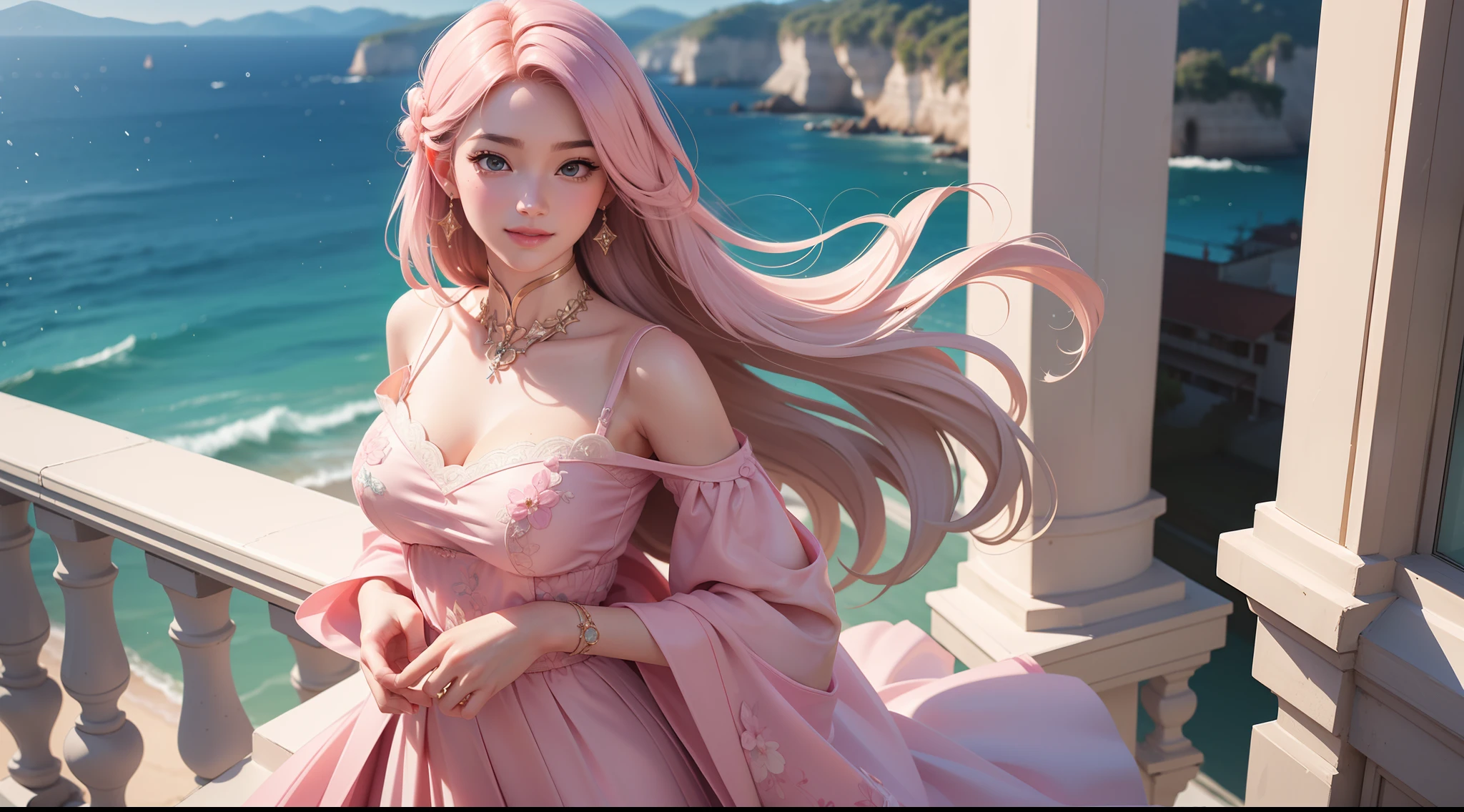 (Realistic:1.5),(raw photo:1.4), (photorealistic:1.3),(masterpiece), best quality, highest quality, extremely detailed CG unity 8k wallpaper, detailed and intricate, original,highres, [:(detailed face:1.2):0.2],film grain, Fujifilm XT3, (high detailed skin:0.9), 8k,(ulzzang-6500:0.9), balcony, show by rock!!, light smile,detailed gradient background, full body, sunlight,slim body,beautiful light pink dress,beautiful hand shape, full body