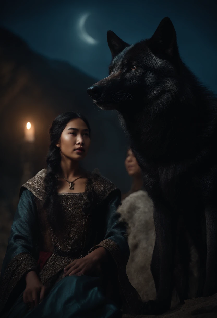 An Asian girl in medieval clothes next to a large black-skinned wolf on a lunar night
