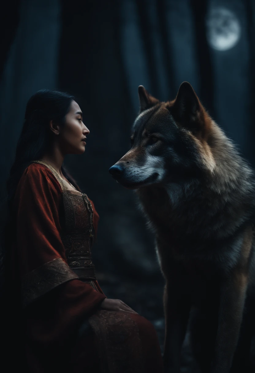 An Asian girl in medieval clothes next to a large black-skinned wolf on a lunar night