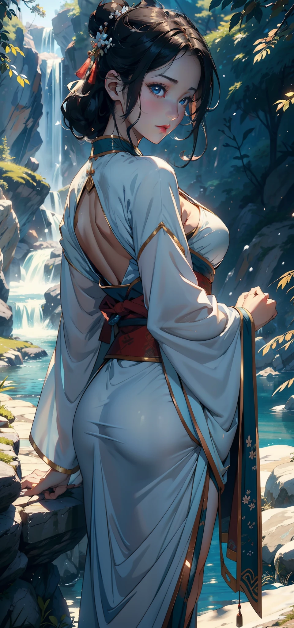 1female，35yo，Bigchest， 独奏，（Background with：coniferous forest，snow mountains，waterfallr）Stand below the surface of the water ，She has short black hair，bobo head，seen from the front， hair straight，，（（（tmasterpiece），（Very detailed CG unity 8K wallpaper），best qualtiy，cinmatic lighting，detailed back ground，beatiful detailed eyes，Bright pupils，Blue eyes，Snow-whiteskin，Redlip（Very fine and beautiful），（Beautiful and detailed eye description），ultra - detailed，tmasterpiece，））facing at camera，A high resolution，ultra - detailed），revealing breasts，Bare genitalia，  Bulge，legs are open，Raised sexy，Camel toes，Flushed complexion，Desire for dissatisfaction，frontage，Hanfu