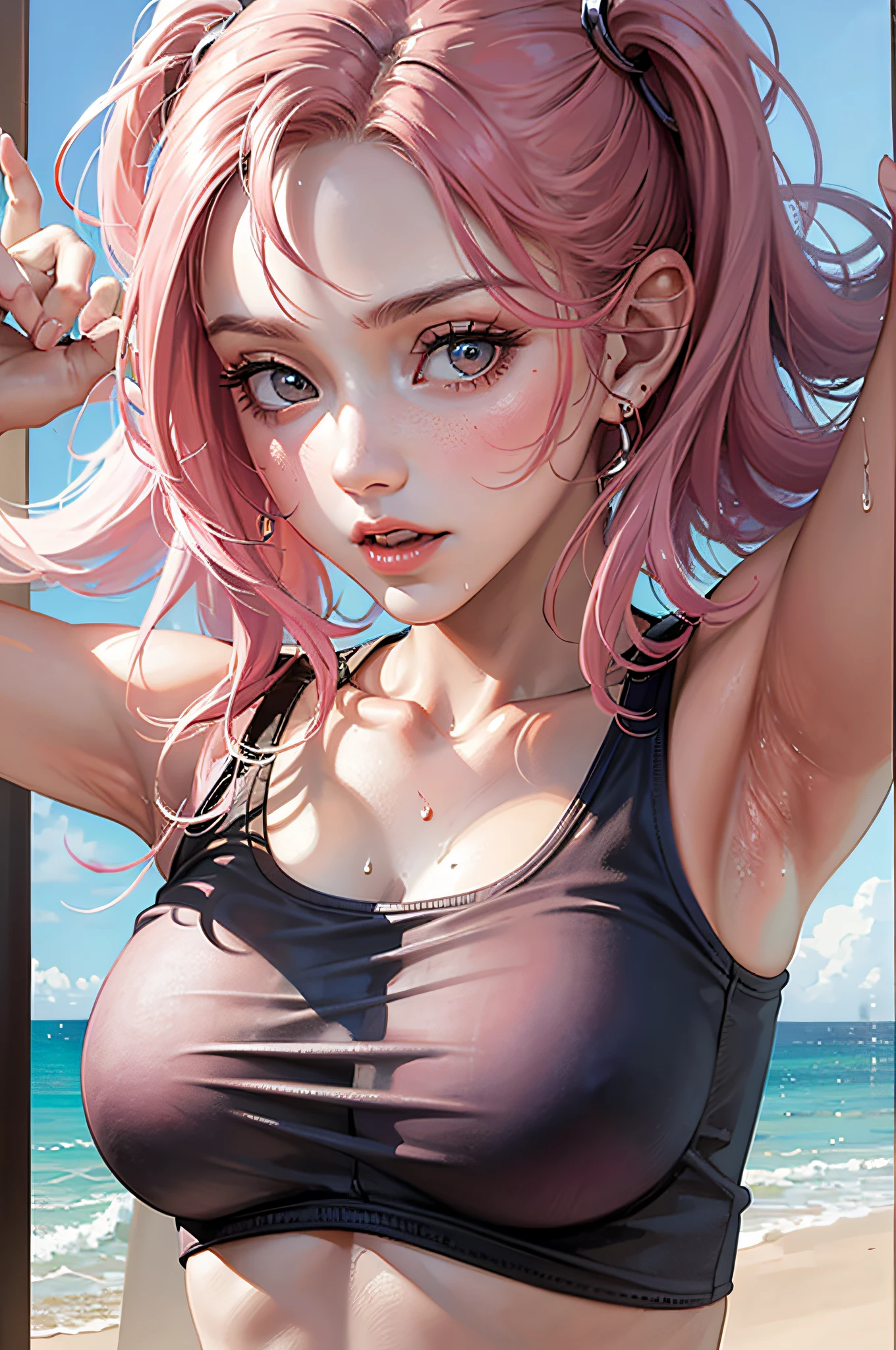 (best quality, masterpiece, perfect face) pink hair, 18 years old girl, medium tits, sweaty, beach,