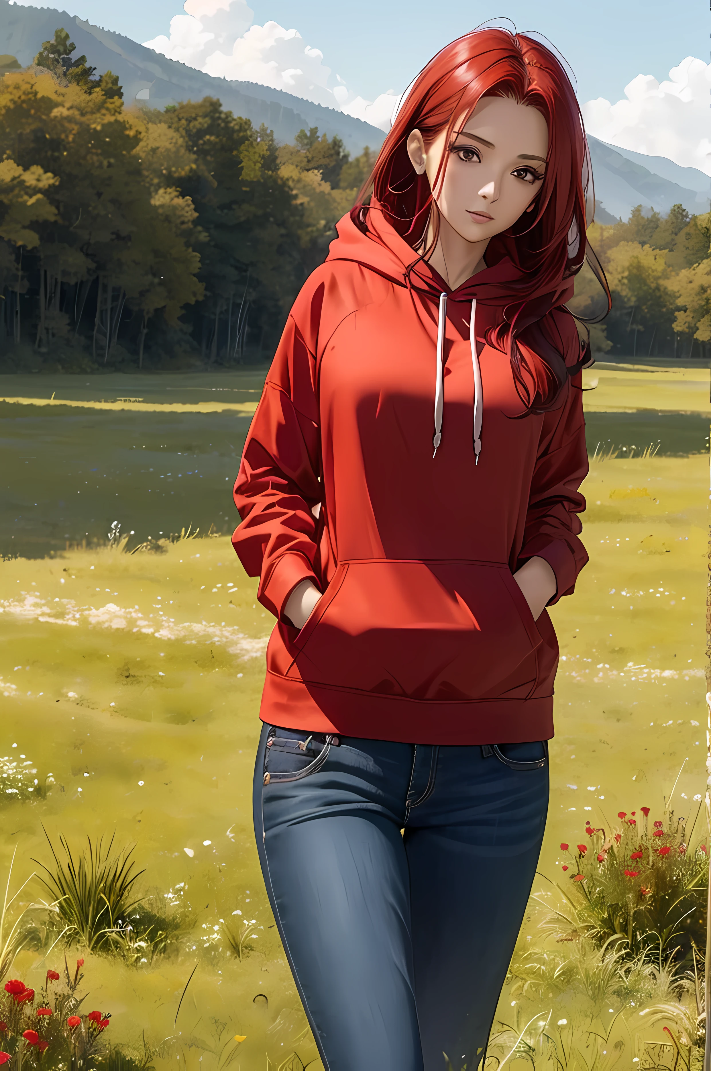 A beautiful woman, red color hair, (( grassland background)), (( hoodie, blouse ,perfect body figure, beautiful face, age 46, royal, calm)), breeze, cap