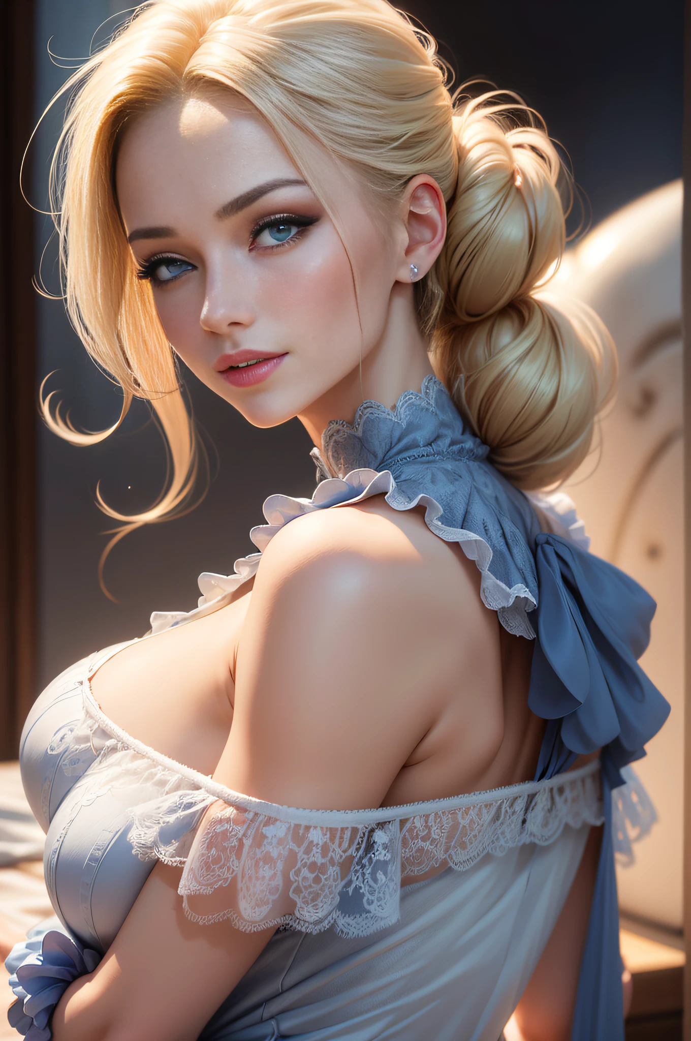 ((Superior quality, portraits, masterpieces, 8K wallpapers: 1.3)), girl with short wavy blonde hair (((SHORT HAIR))), glowing eyes like diamonds, sitting under the moon, purple noen butterflies surrounding her, golden hour, perfect shadows and scolding through the trees. Covered dress, light blue Victorian with ruffles and jewelry. Kim Kardashian and khloe Kardashian face face. Bimbo look. Exposed body. Dripping. Etheiral. Wonderland clothes. Pornhub smile.