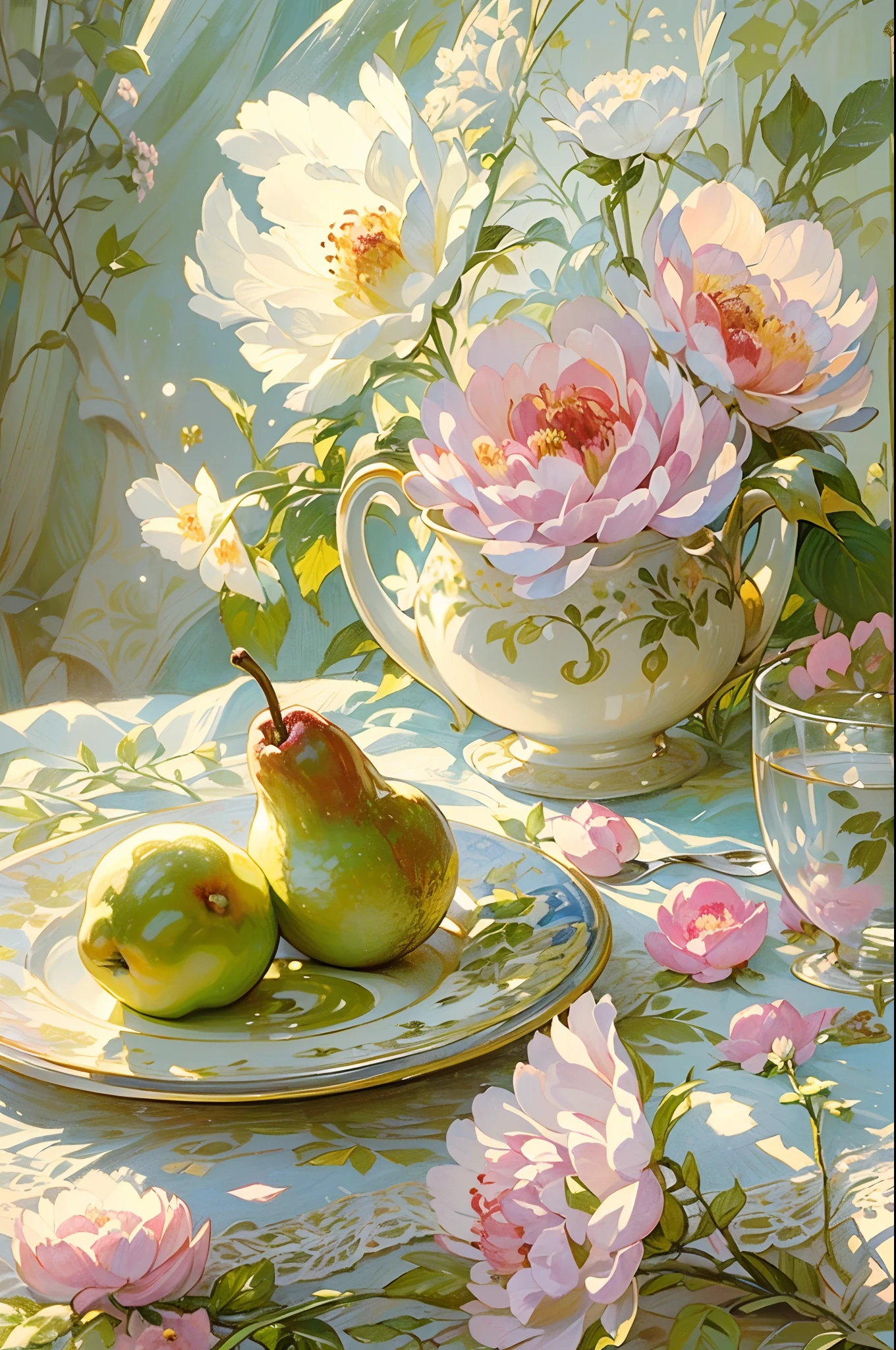 ((nobody)) Vintage Victorian style, Precise old encyclopedia (best quality:1.2), (detailed:1.2), (masterpiece:1.2), ((vintage illustrations of a garden at a sunny day, pear fruit on a plate, porcelian cup of tea, lacy tablecloth, calm, soft iridescent light, peony flowers, light particles sparkles))