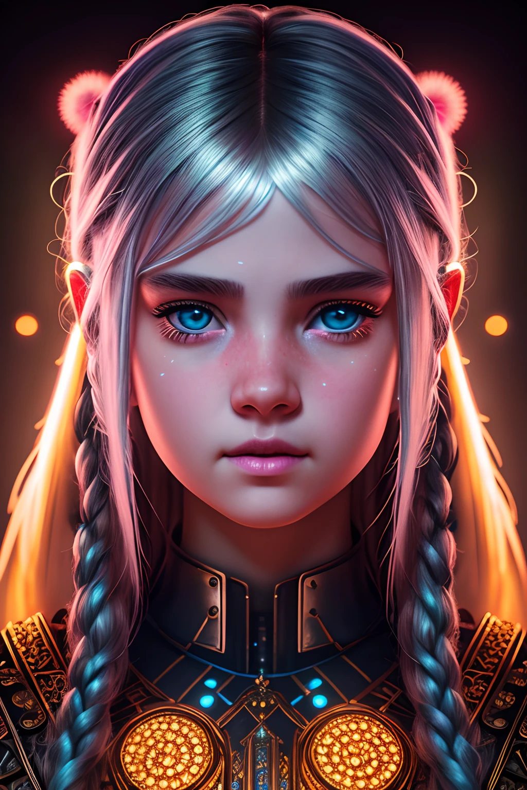 Highly detailed portrait of a neon girl, wearing a fantasy costume, greebles, symmetrical face, symmetrical eyes, looks into the camera, stunning photography, photorealistic, art station, soft pastel colours, highly detailed, intricate, path tracing, illustration, insanely detailed, shadow mapping volumetric light, specular lighting