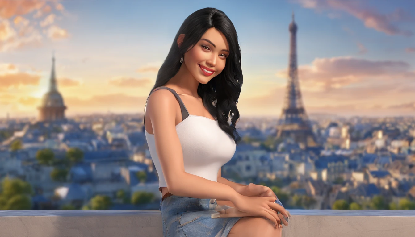 1 girl,(black hair semi-long)(beautiful hair), actress, smile, shiny skin, best quality, masterpiece, (photorealistic:1.4), terrace seating, Europe, France, Paris, denim mini skirt (realistic fabric), white short sleeves (cotton fabric), (no logo), thin fingers