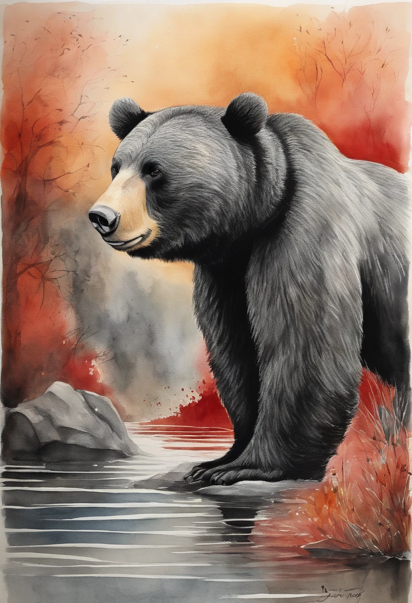 Una imagen de un oso negro de un juego de CG, In the style of mid-century illustration, Symbolic figurative landscapes, rojo claro y plateado, Vintage poster design, Organic Art Nouveau, Piscinas de pigmentos saturados, xylography