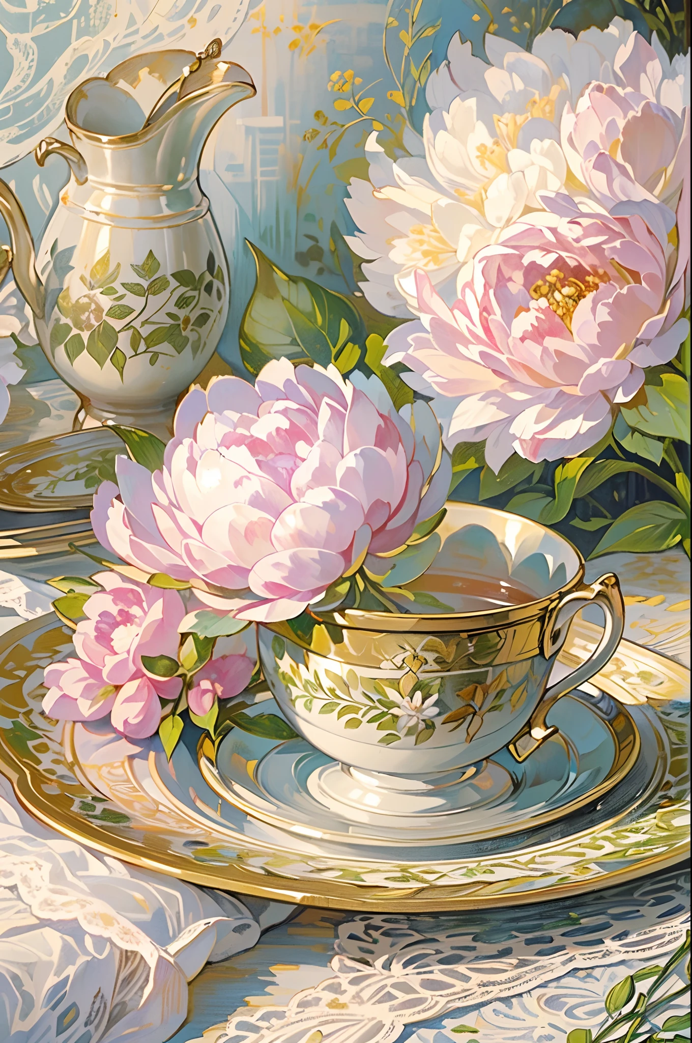 ((nobody)) Vintage Victorian style, Precise old encyclopedia (best quality:1.2), (detailed:1.2), (masterpiece:1.2), ((vintage illustrations of a garden at a sunny day, pear fruit on a plate, porcelian cup of tea, lacy tablecloth, calm, soft iridescent light, peony flowers, light particles sparkles))