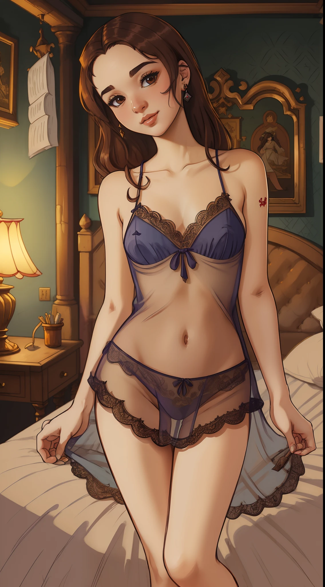 dkttlr undefined (bedroom lady), (sheer nightie), ((medieval bedchamber)), in bed, Highly detailed, masterpiece, ((hand drawn animation)), ((toon style)), ((style by personalami)), adult (Malena Morgan), brunette, as a pirate, brown hair, full body, ((blurry background)), fine, realistic, shaded, lighting, ilya, kuvshinov, katsuhiro, artgerm, jeremy, lipkin, michael, garmash detailed, radiant, light, detailed, intricate, environment