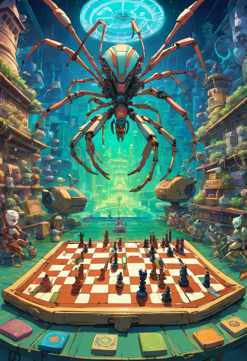 A cybernetic chessboard with robotic spiders
