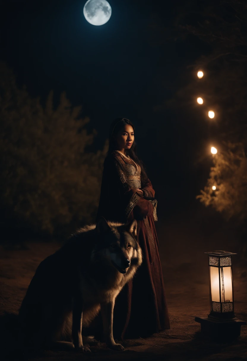An Asian girl in medieval clothes next to a large black-skinned wolf on a lunar night