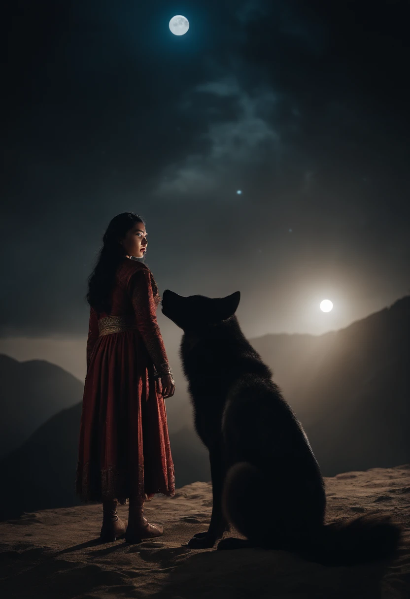 An Asian girl in medieval clothes next to a large black-skinned wolf on a lunar night