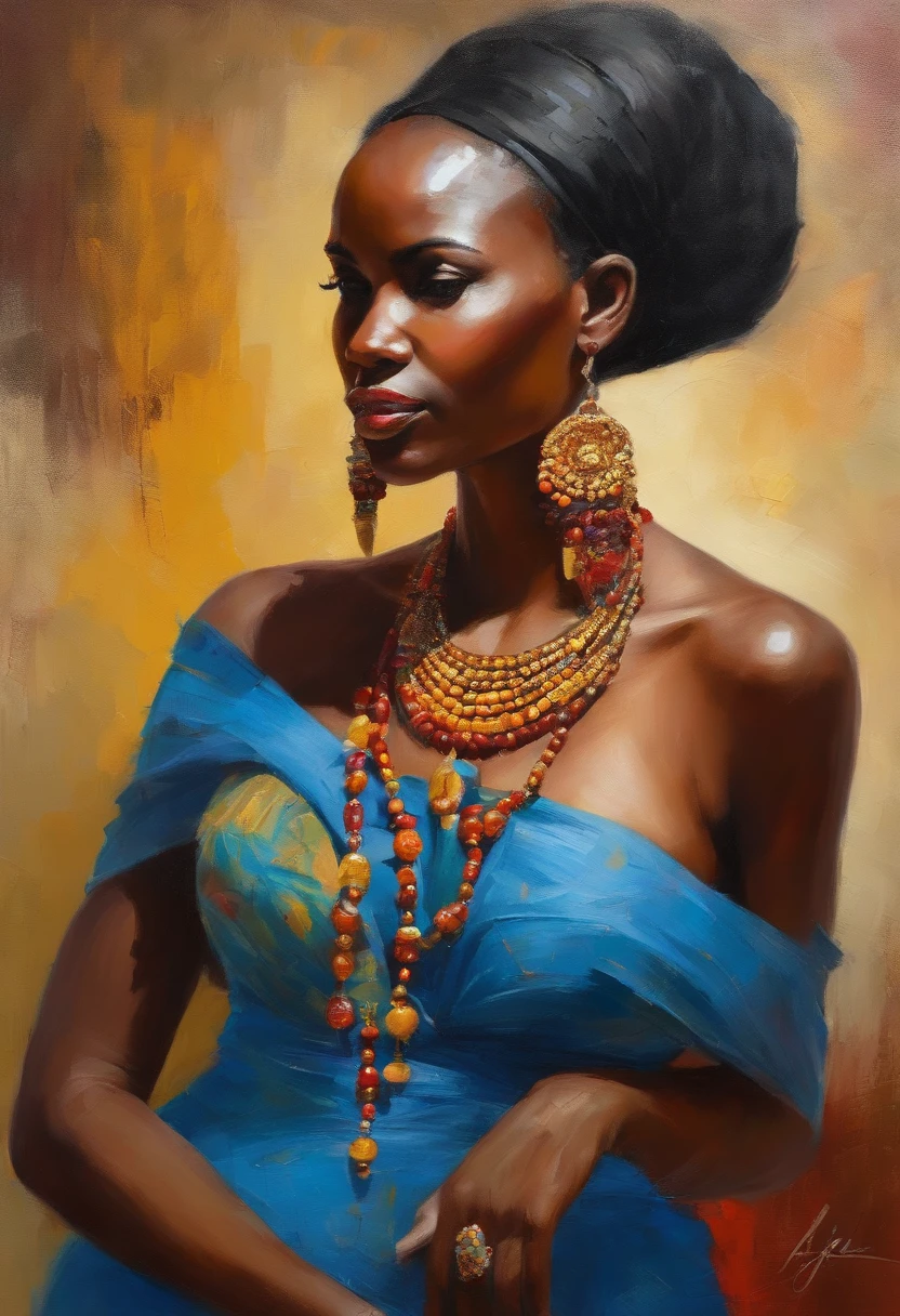 Beautiful woman wearing blue dress, gold jewelry, (((big boobs))), (((cleavage))), vestido ornamentado vermelho, mulhee negra africana, mulher vermelha bonita, usando um vestido africano, beleza estonteante, mulher deslumbrante, Tema vermelho cabelo ondulado, mulher africana