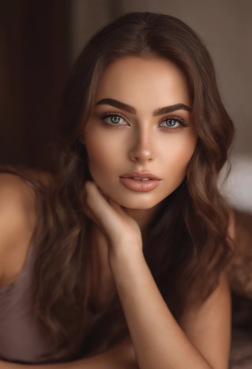 arafed woman fully , sexy girl with brown eyes, ultra realistic, meticulously detailed, portrait sophie mudd, brown hair and large eyes, selfie of a young woman, dubai eyes, violet myers, without makeup, natural makeup, looking directly at the camera, face with artgram, subtle makeup, stunning full body shot kneeling on bed, in bedroom, medium to large size bust