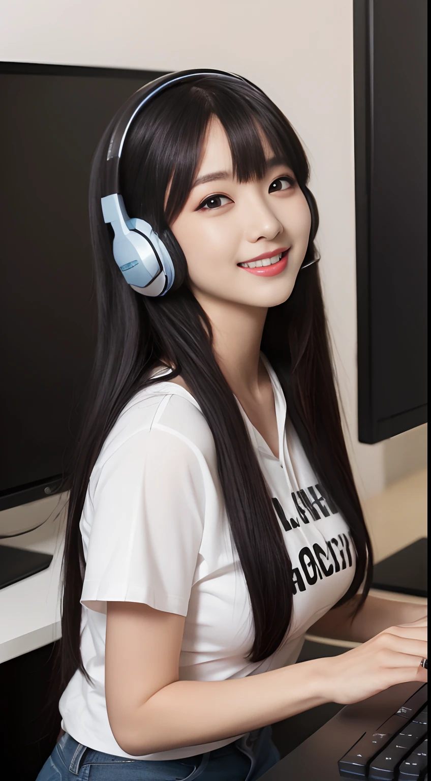 masterpiece, Best Quality, Illustration, Ultra-detailed, finely detailed, highest resolution, 8K Wallpaper, Perfect dynamic composition, Beautiful detailed eyes, Natural Lip, gaming headset, gaming outfit, hoodie and low cut tee shirt with jeans, wireless gaming headset with microphone, Full body, in front of computer, g-string, wide-screen computer, out of focus background, ((medium sized breast)) ((long black hair)) ((no bangs)) mouse and keyboard, having fun, playing video game, smiling, laughing