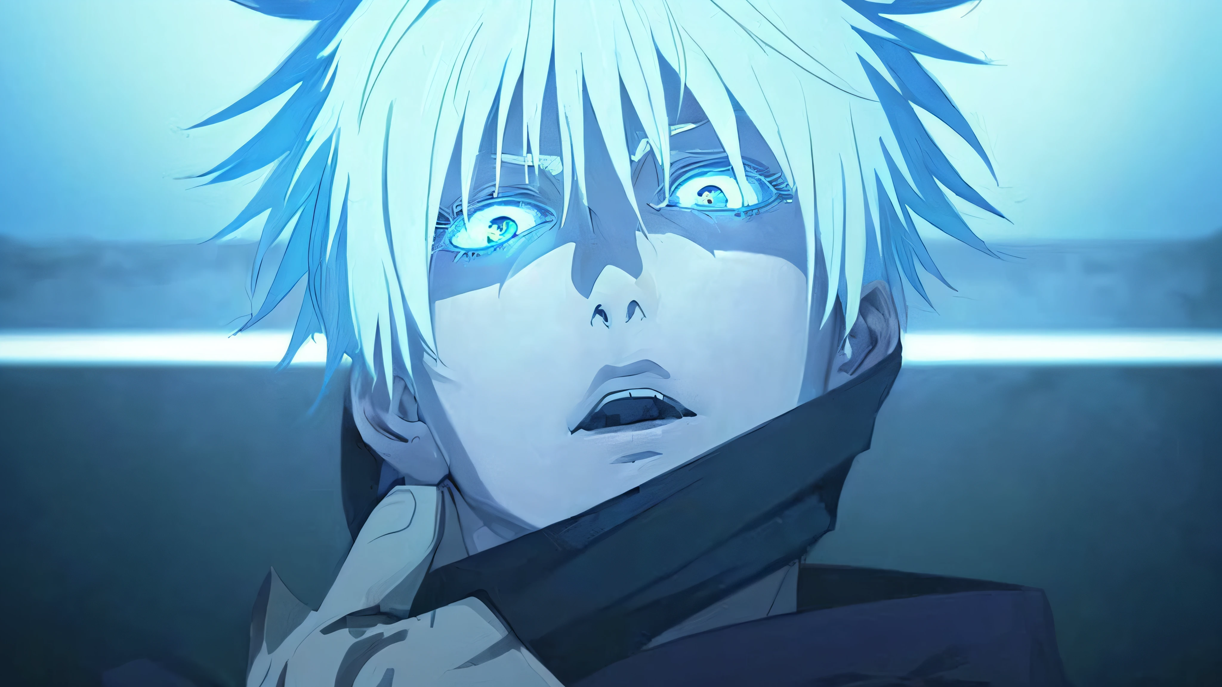 (masterpiece, best quality:1.2), (masterpiece, best quality:1.2), masterpiece, high quality, beautiful graphics, high detail, ultra detailed, cinematic lighting, HDR, ilustration, satoru gojo, jujutsu kaisen, white hair, blue eyes, anime realistic painting, 8k quality anime, anime realistic art, 1man, 1boy,