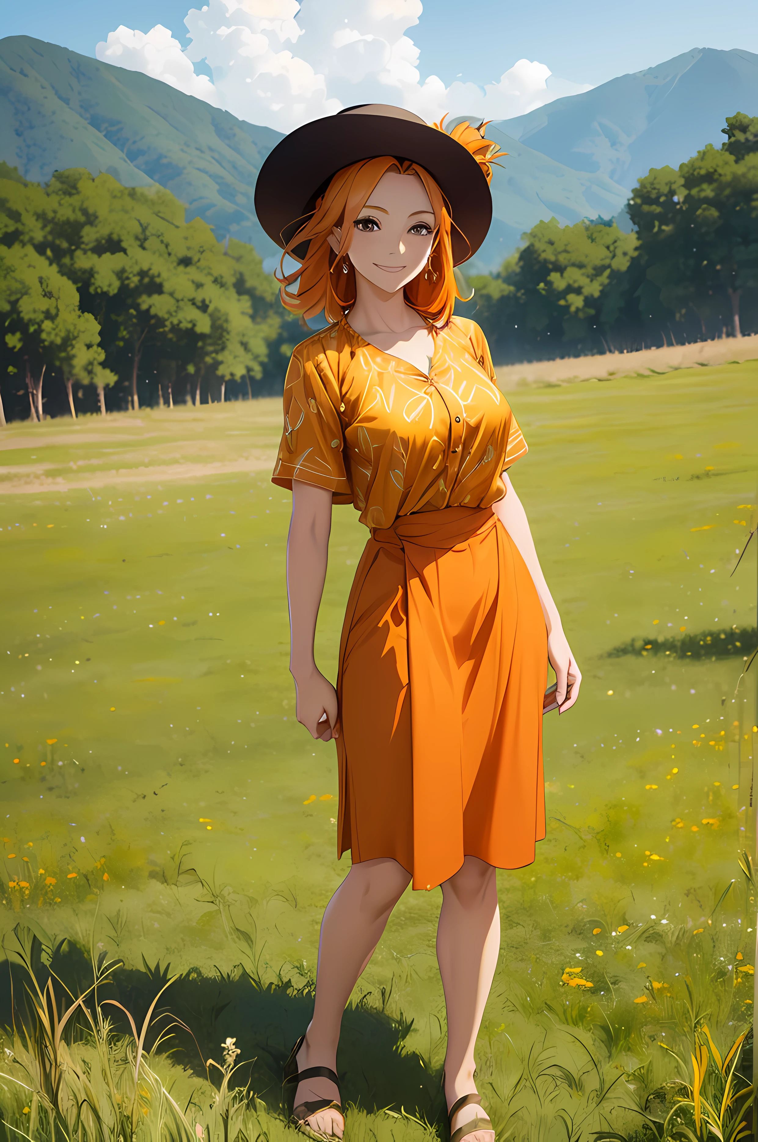 A beautiful woman, orange color hair, (( grassland background)), (( beautiful clothes, blouse ,perfect body figure, beautiful face, age 46, royal, smile)), breeze, strawhat