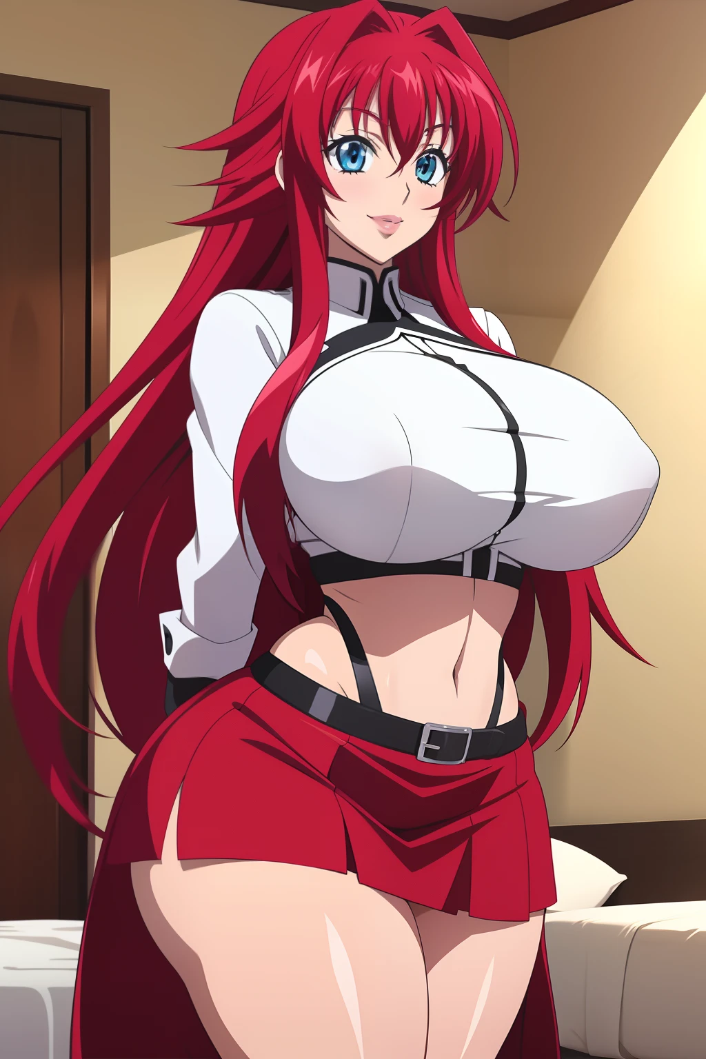Highschool dxd, Rias Gremory, 1girl, (((bimbo))), puffy lips, Blue eyes Long red hair, painted lips, thick lips, wide hips, thick thighs, big natural breast, huge ass, erotic, Smile face, big natural breasts, white top, skirt,