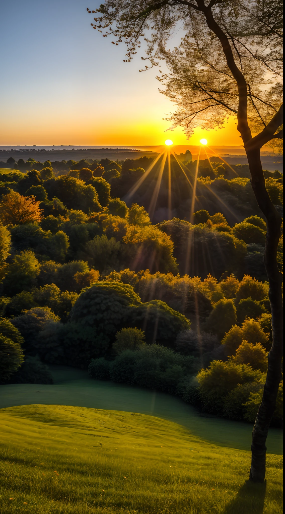 lever de soleil, lueur du matin, vue lointaine, Realstic, couleurs riches, Beautiful and colorful, objectif grand angle, Morning shooting, film positif, style naturaliste, High Definition Filming.