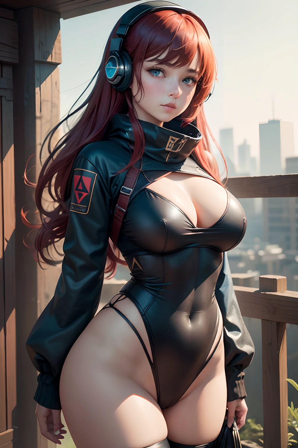 8k, masterpiece, best quality, realistic, higly detailed, cowboy shot, 1girl, solo, miku, emotionless looking girl, medium-length red hair, strands of hair hanging over the right side of her face, a set of wireless headphones that have a triangle-shaped logo on the ear cups around her neck, dark blue eyes, average height, well-endowed figure, large breasts, black tights, bangs cover her right eye, spring clothes