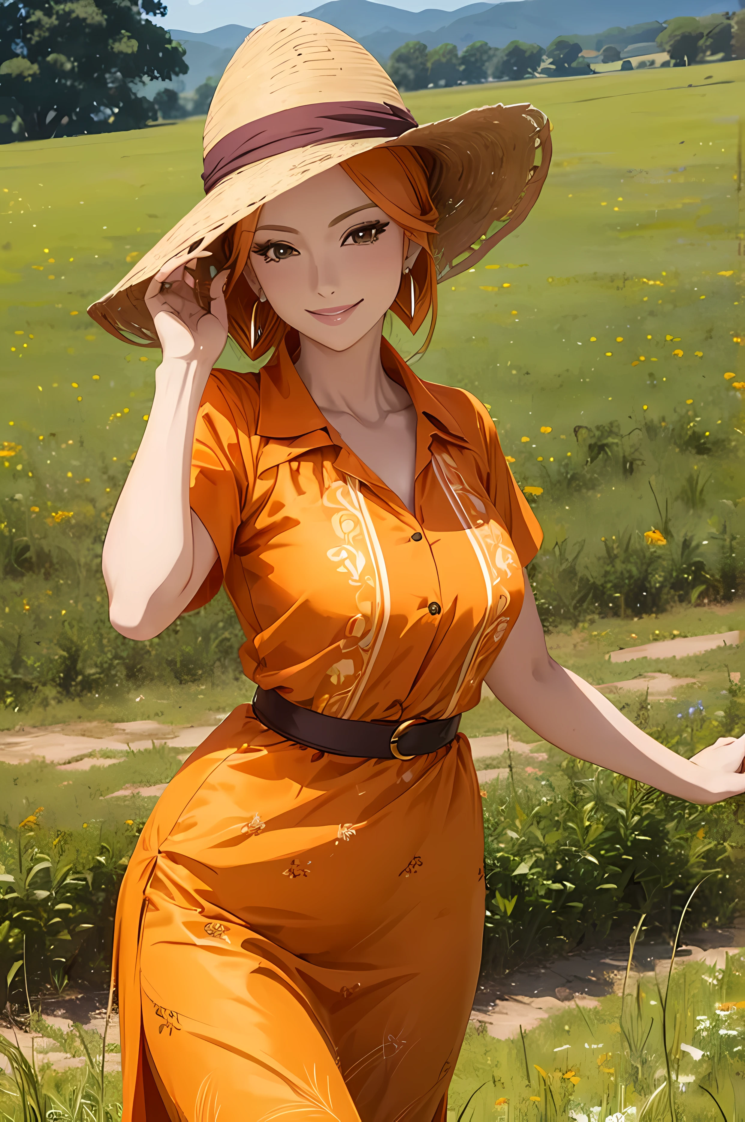 A beautiful woman, orange color hair, (( grassland background)), (( beautiful clothes, blouse ,perfect body figure, beautiful face, age 46, royal, smile)), breeze, strawhat